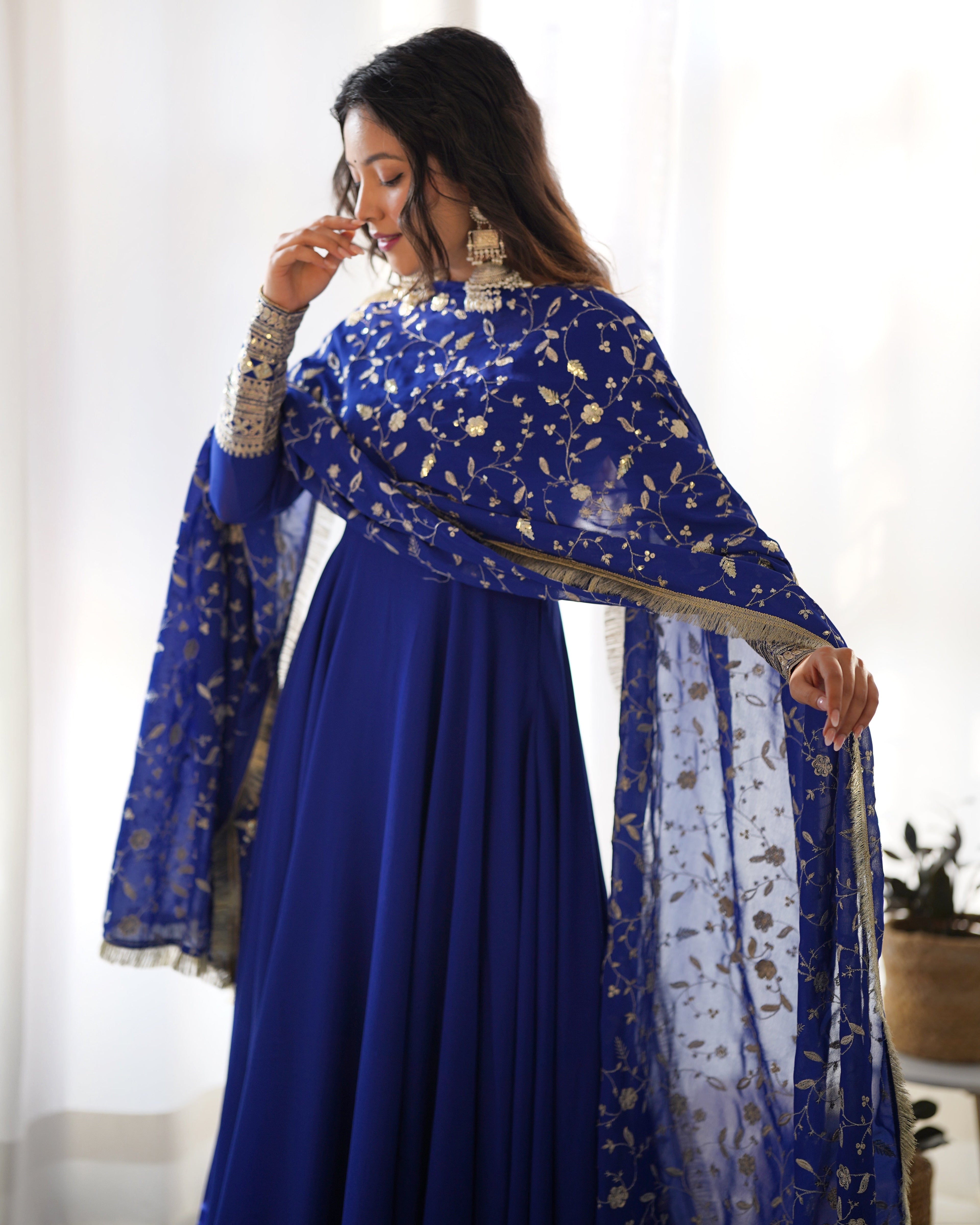 Pure Soft Fox Georgette Full Flair Gown Set With Dupatta & Pant