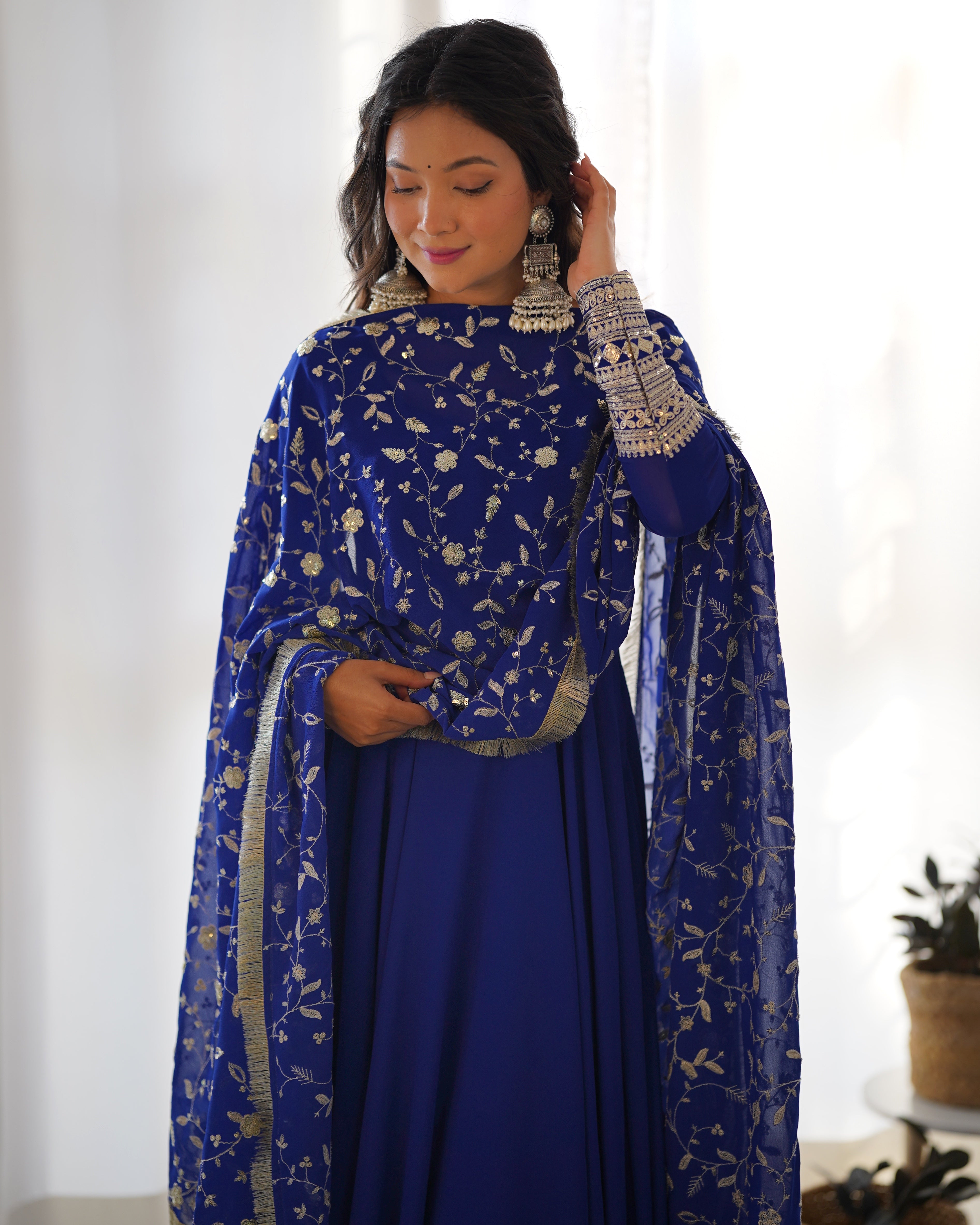 Pure Soft Fox Georgette Full Flair Gown Set With Dupatta & Pant