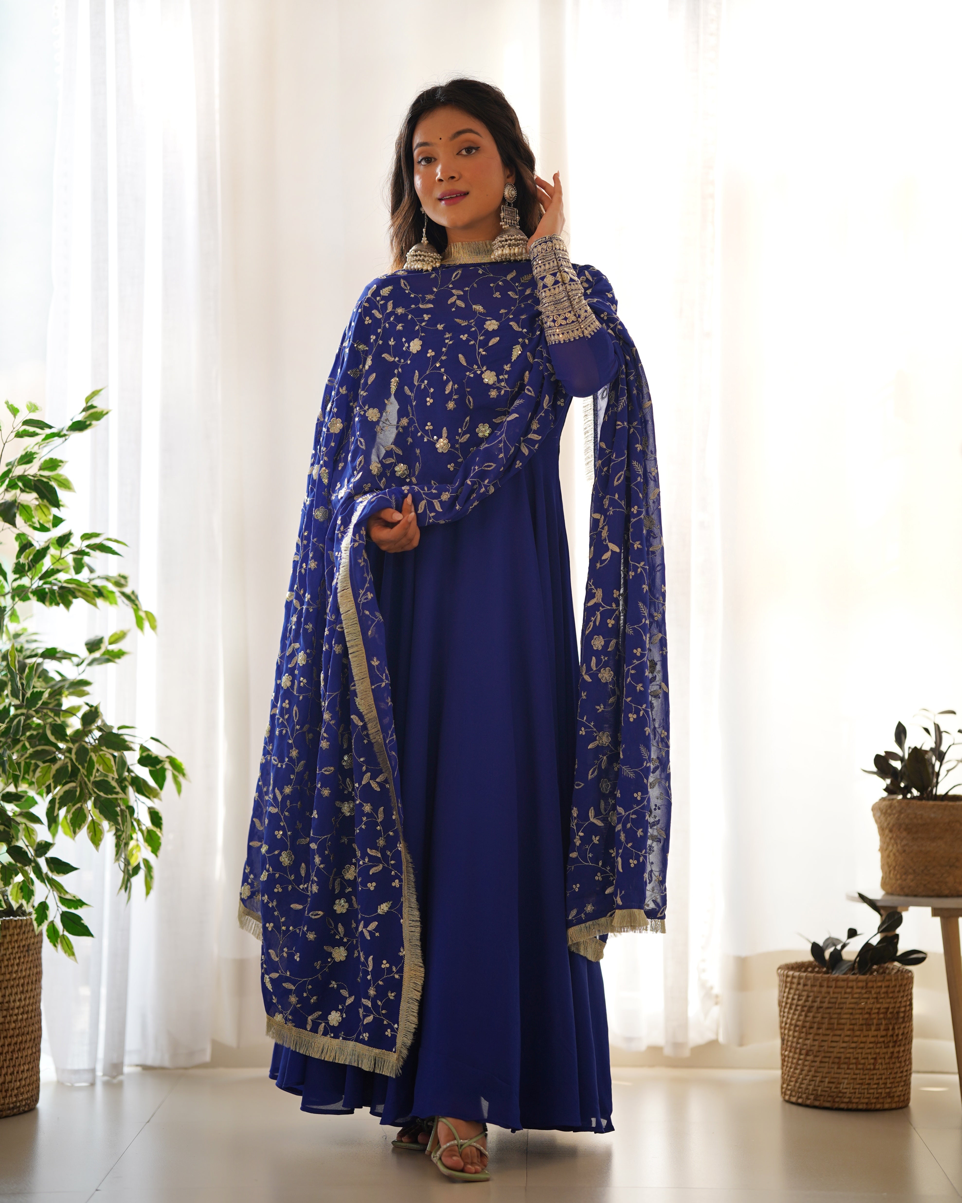 Pure Soft Fox Georgette Full Flair Gown Set With Dupatta & Pant