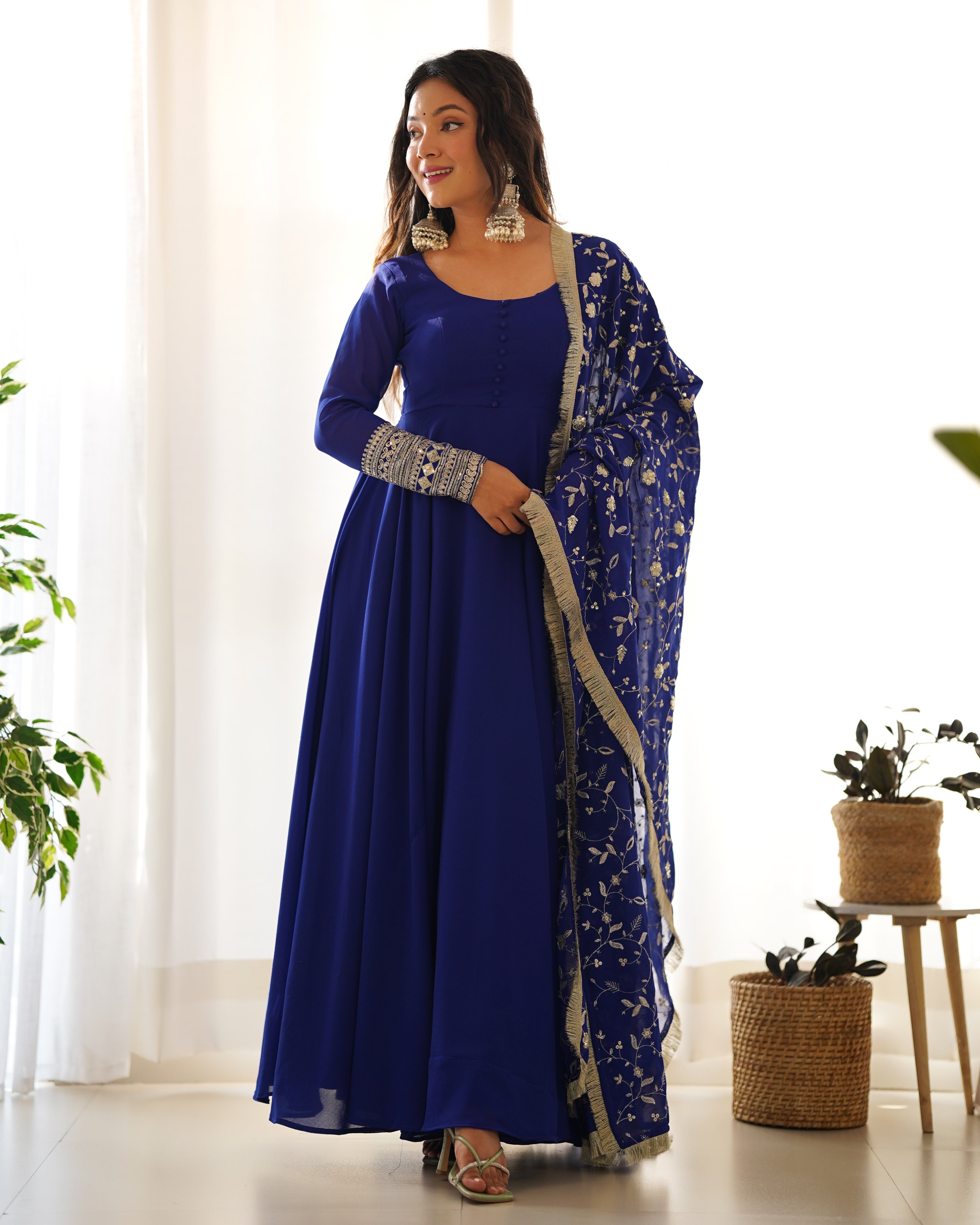 Pure Soft Fox Georgette Full Flair Gown Set With Dupatta & Pant