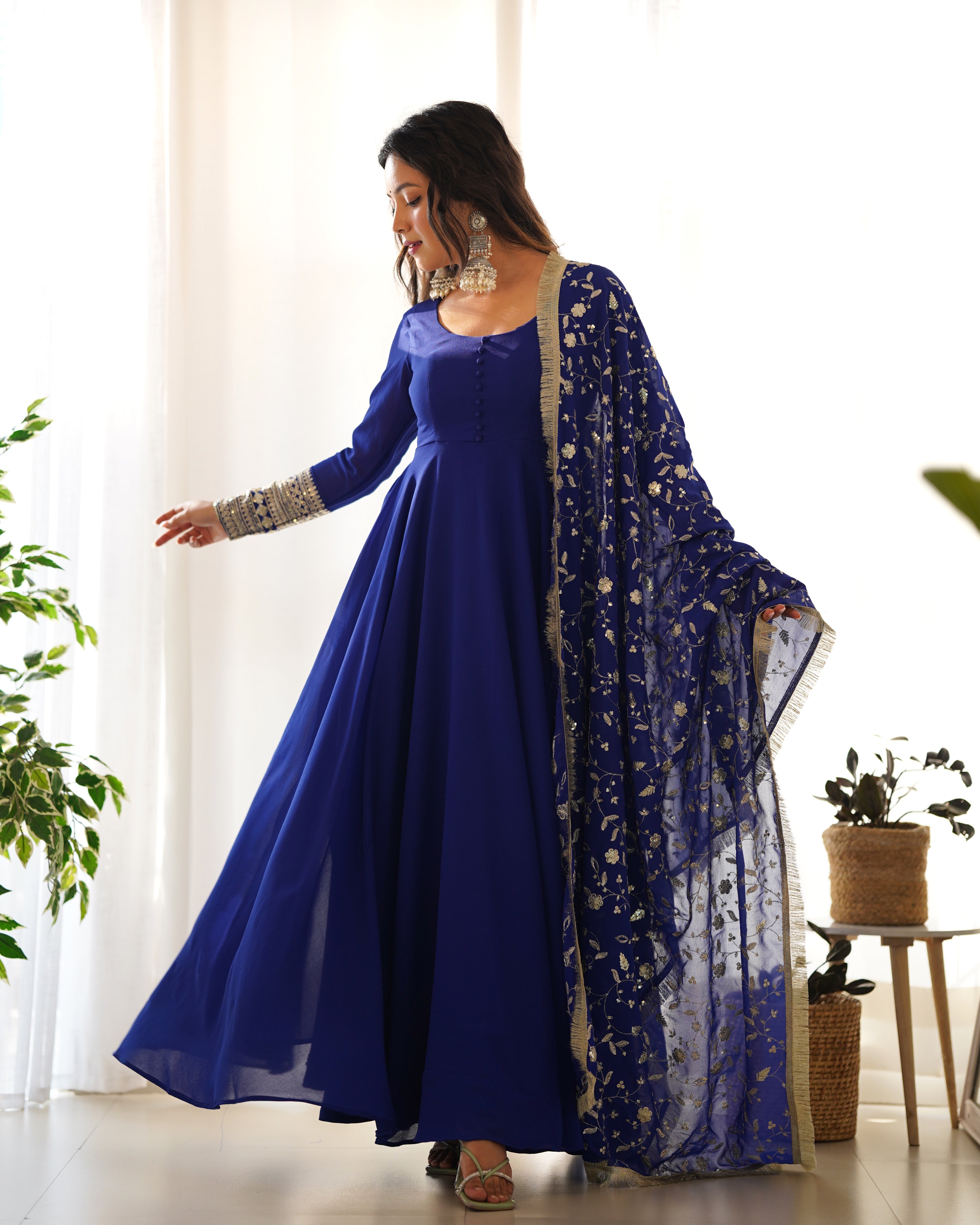 Pure Soft Fox Georgette Full Flair Gown Set With Dupatta & Pant