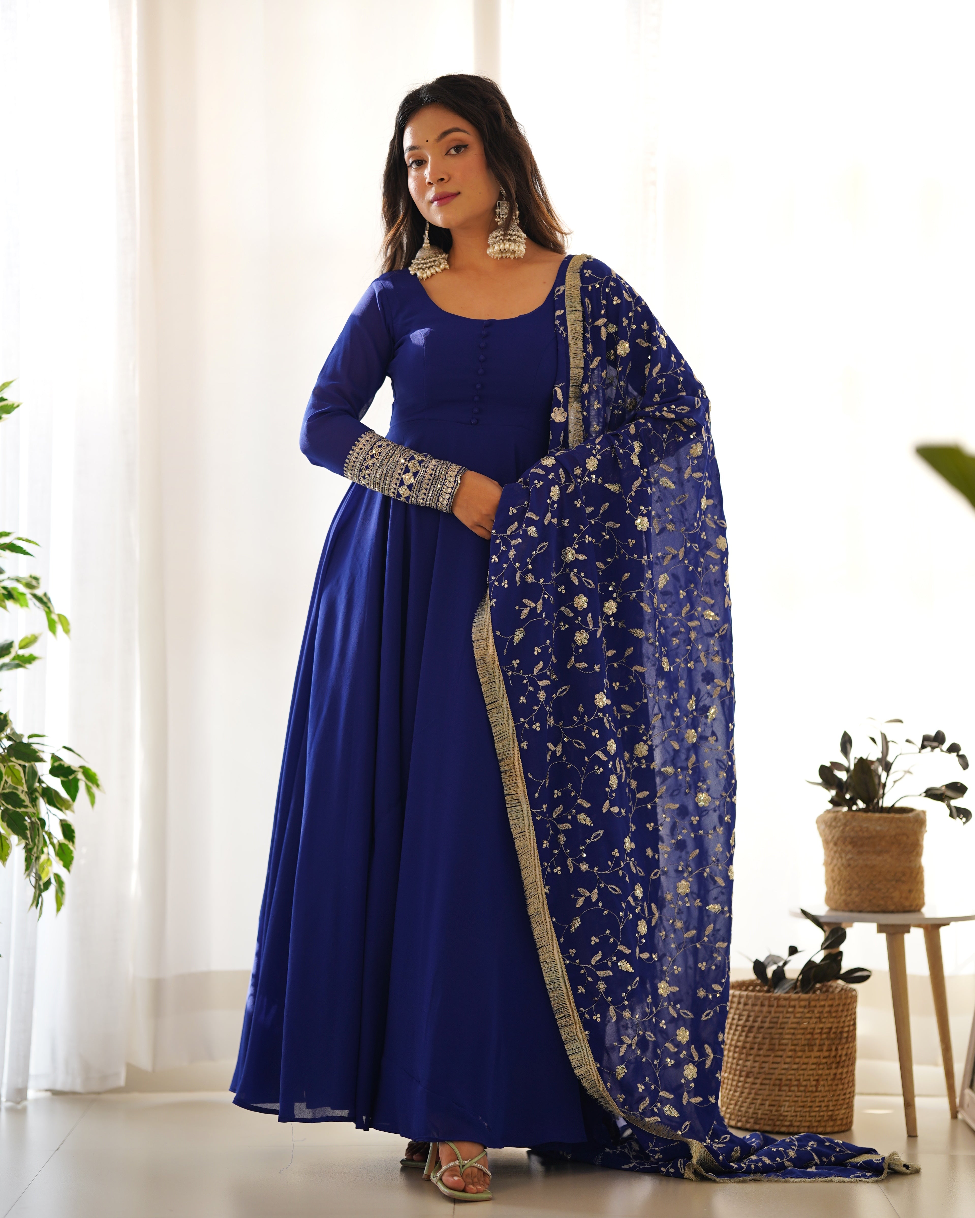 Pure Soft Fox Georgette Full Flair Gown Set With Dupatta & Pant