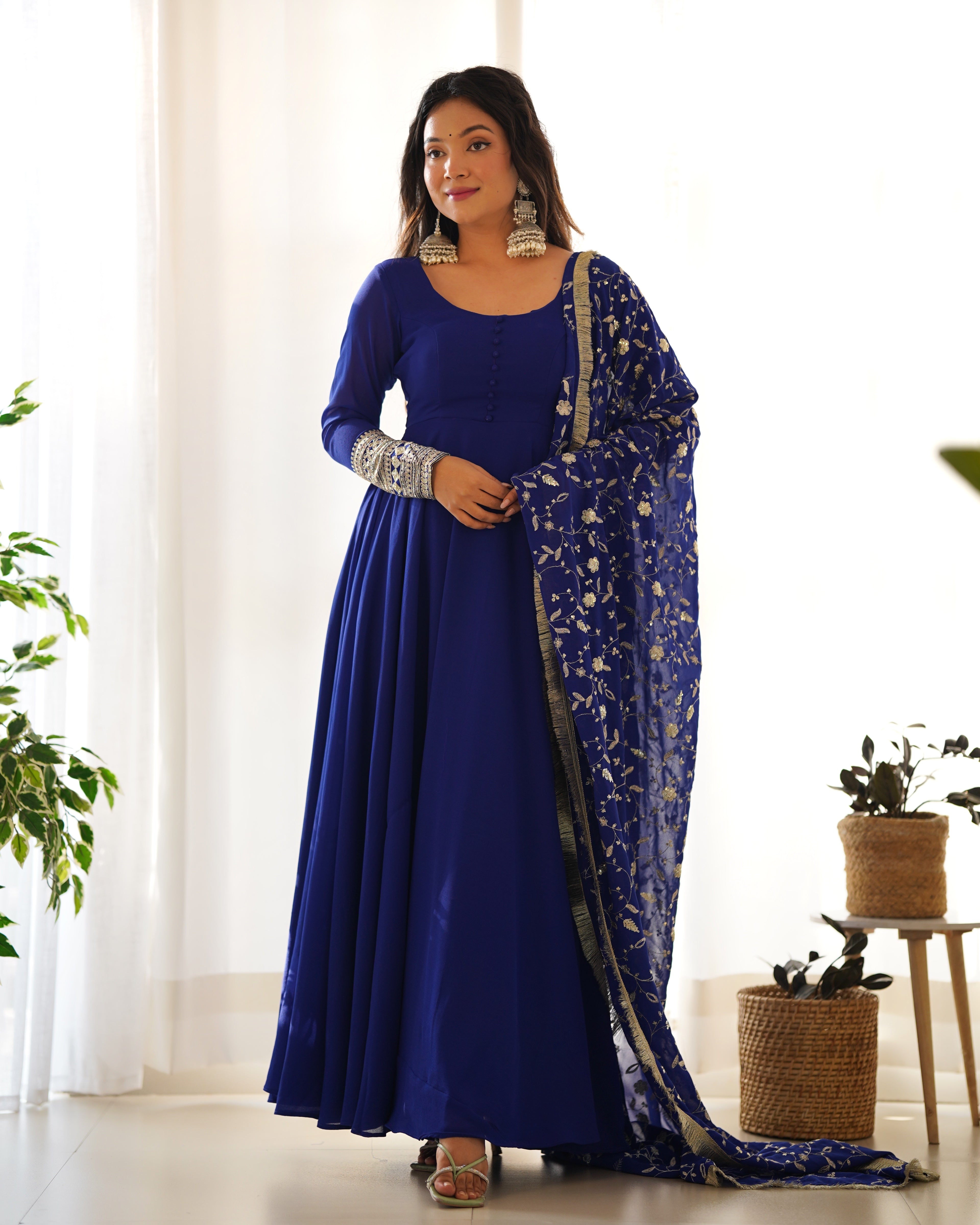 Pure Soft Fox Georgette Full Flair Gown Set With Dupatta & Pant