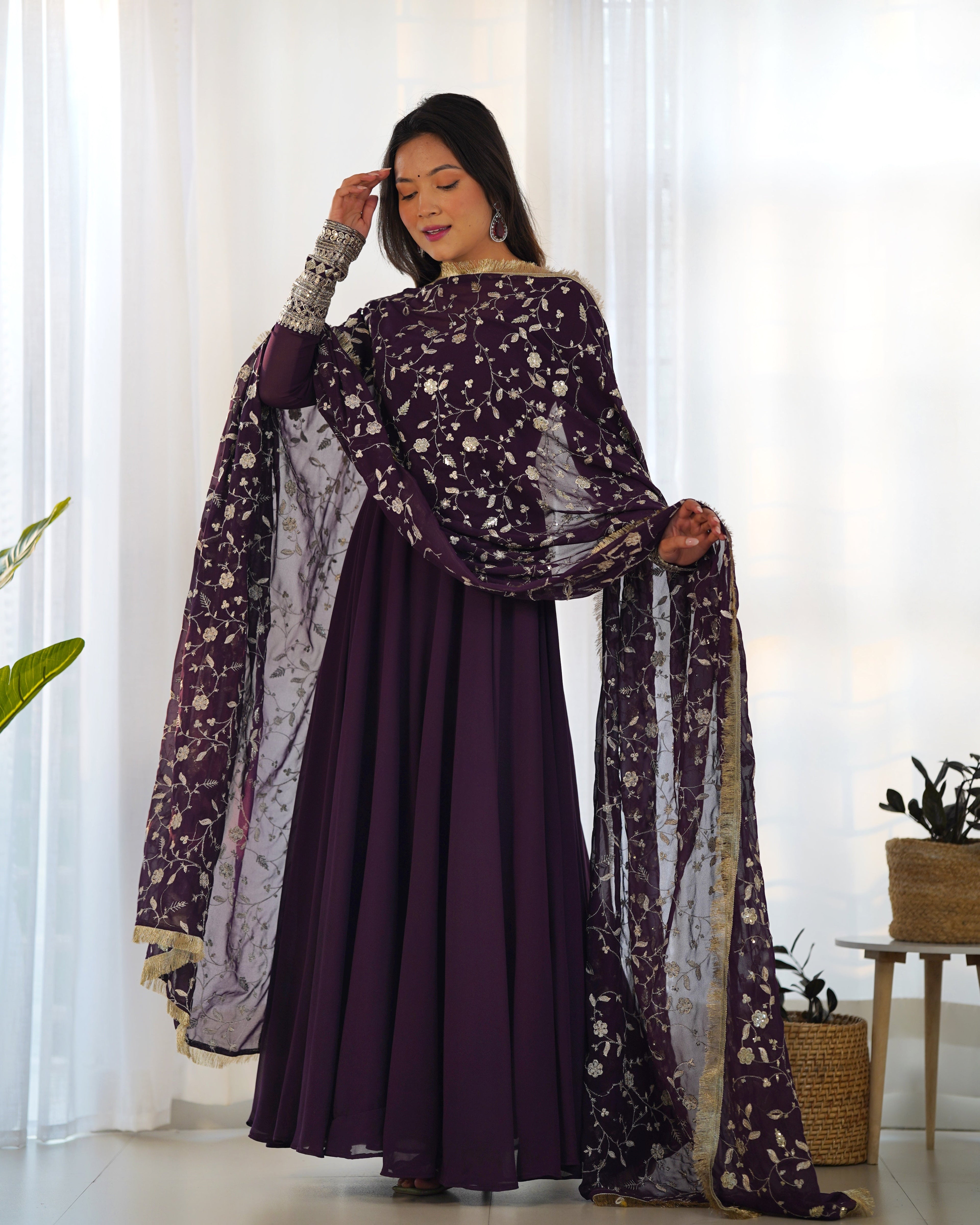 Pure Soft Fox Georgette Full Flair Gown Set With Dupatta & Pant