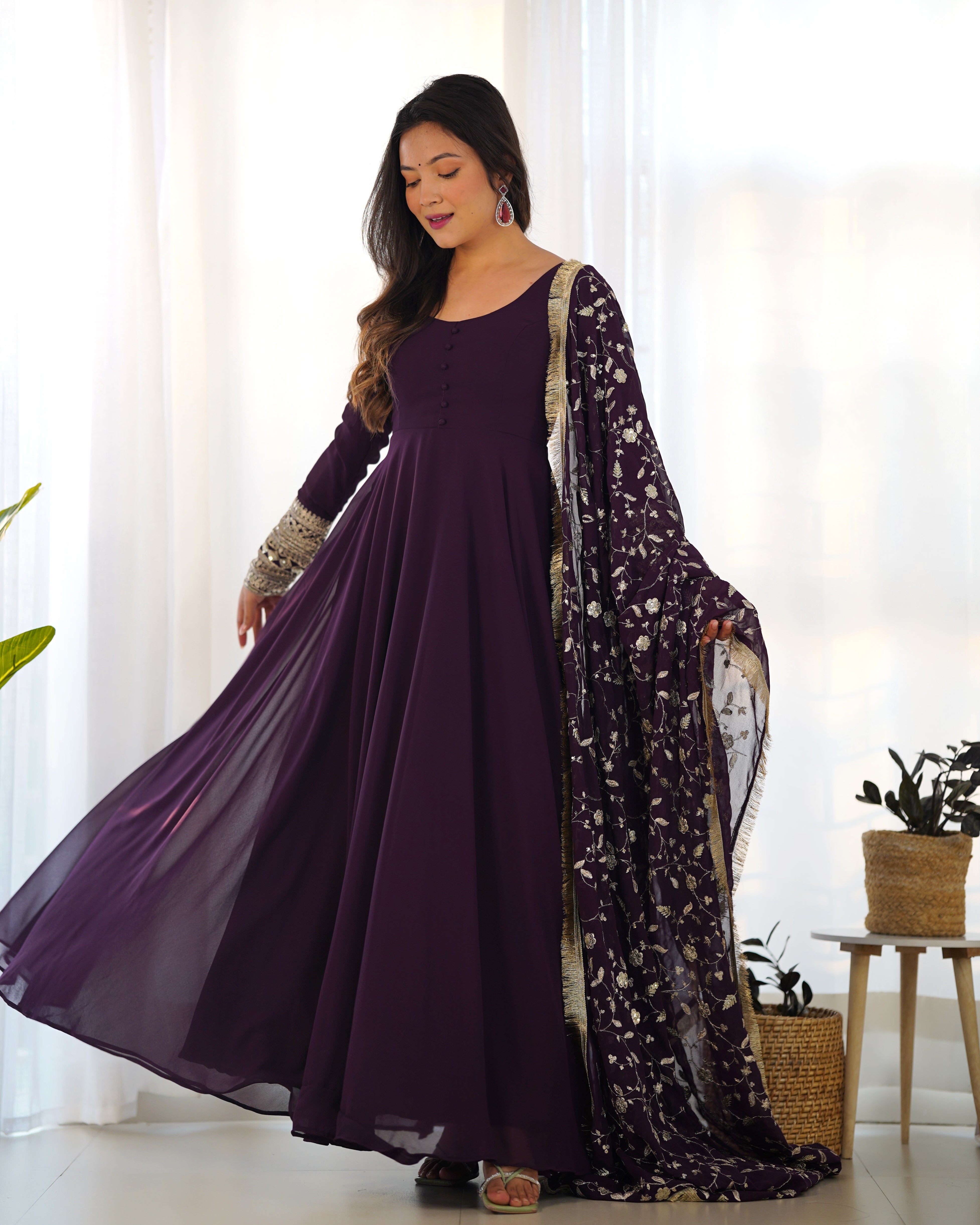 Pure Soft Fox Georgette Full Flair Gown Set With Dupatta & Pant