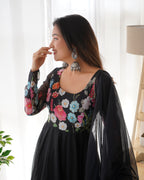 Women’s Black Floral Printed Anarkali Kurta Set with Dupatta | Elegant Ethnic Suit Set for Festive, Party & Wedding Wear