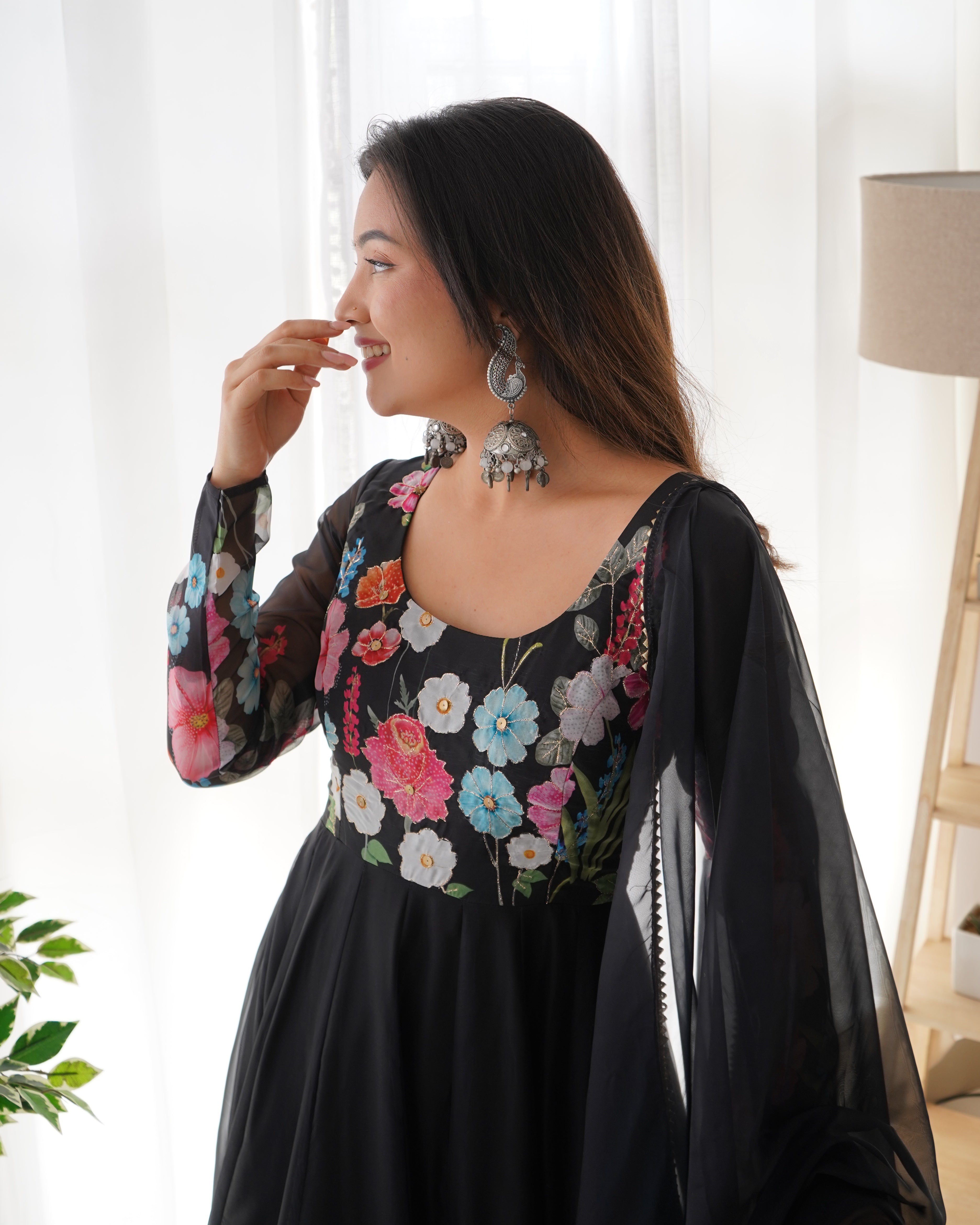 Women’s Black Floral Printed Anarkali Kurta Set with Dupatta | Elegant Ethnic Suit Set for Festive, Party & Wedding Wear