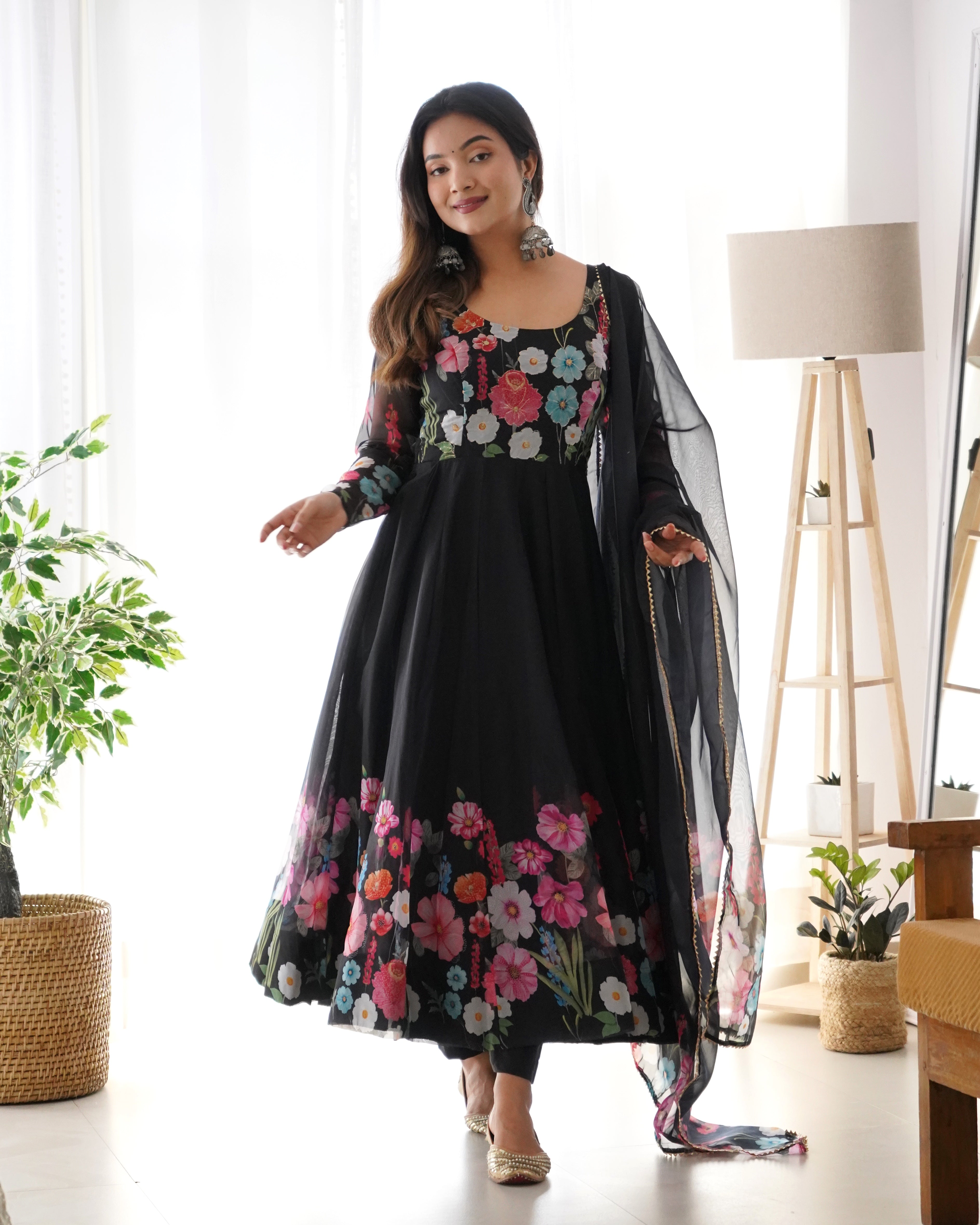 Women’s Black Floral Printed Anarkali Kurta Set with Dupatta | Elegant Ethnic Suit Set for Festive, Party & Wedding Wear