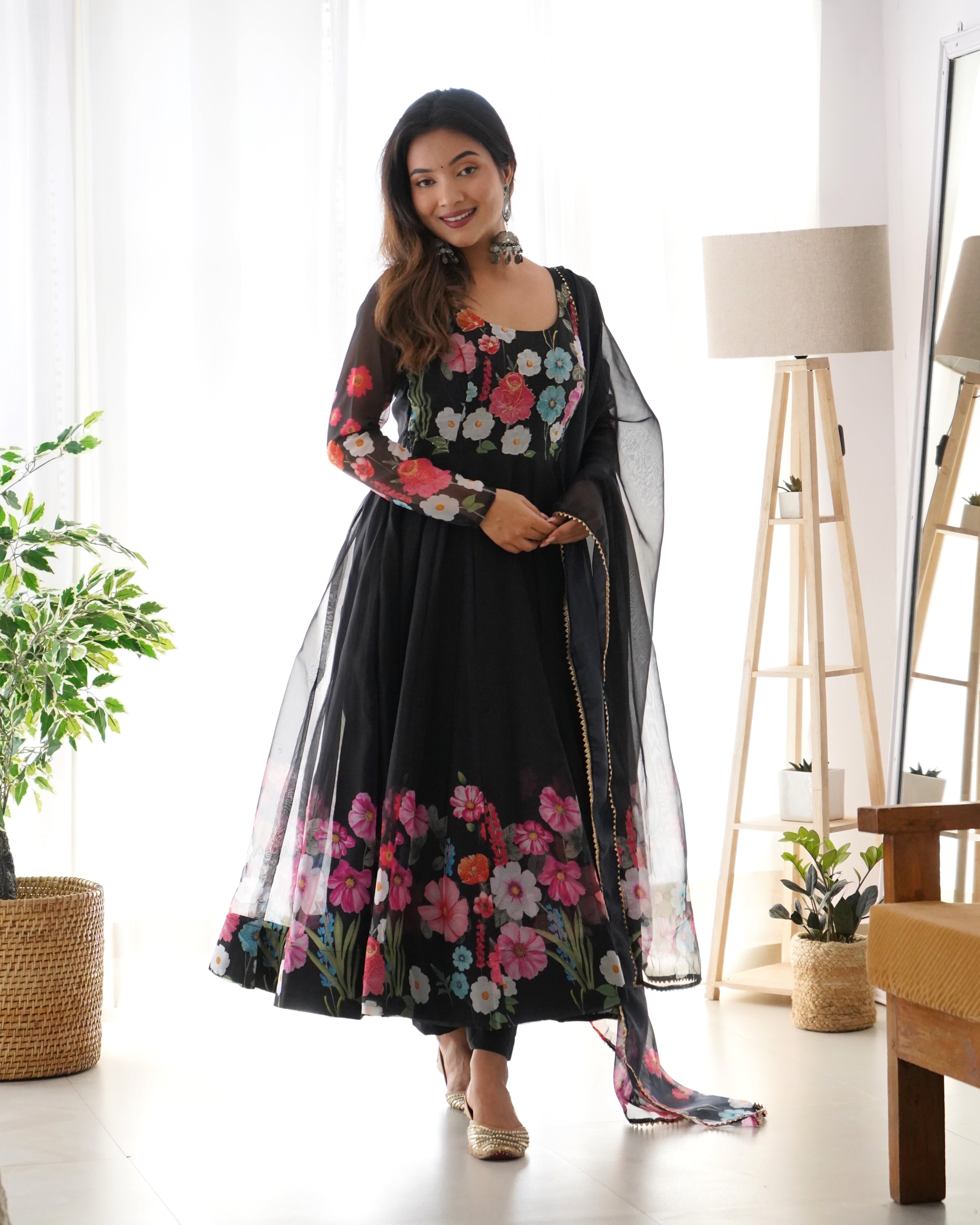 Women’s Black Floral Printed Anarkali Kurta Set with Dupatta | Elegant Ethnic Suit Set for Festive, Party & Wedding Wear