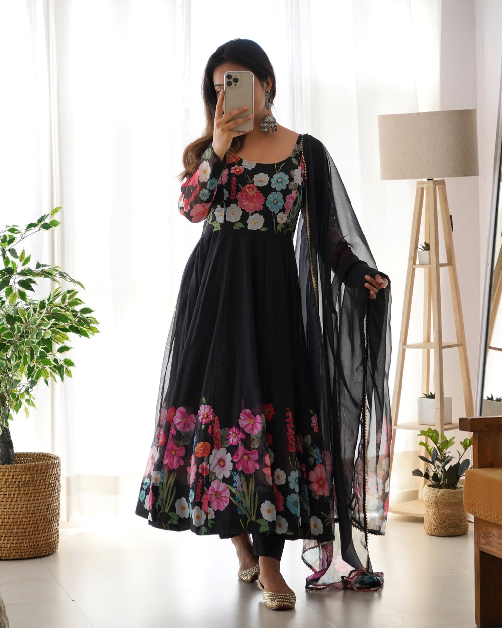 Women’s Black Floral Printed Anarkali Kurta Set with Dupatta | Elegant Ethnic Suit Set for Festive, Party & Wedding Wear