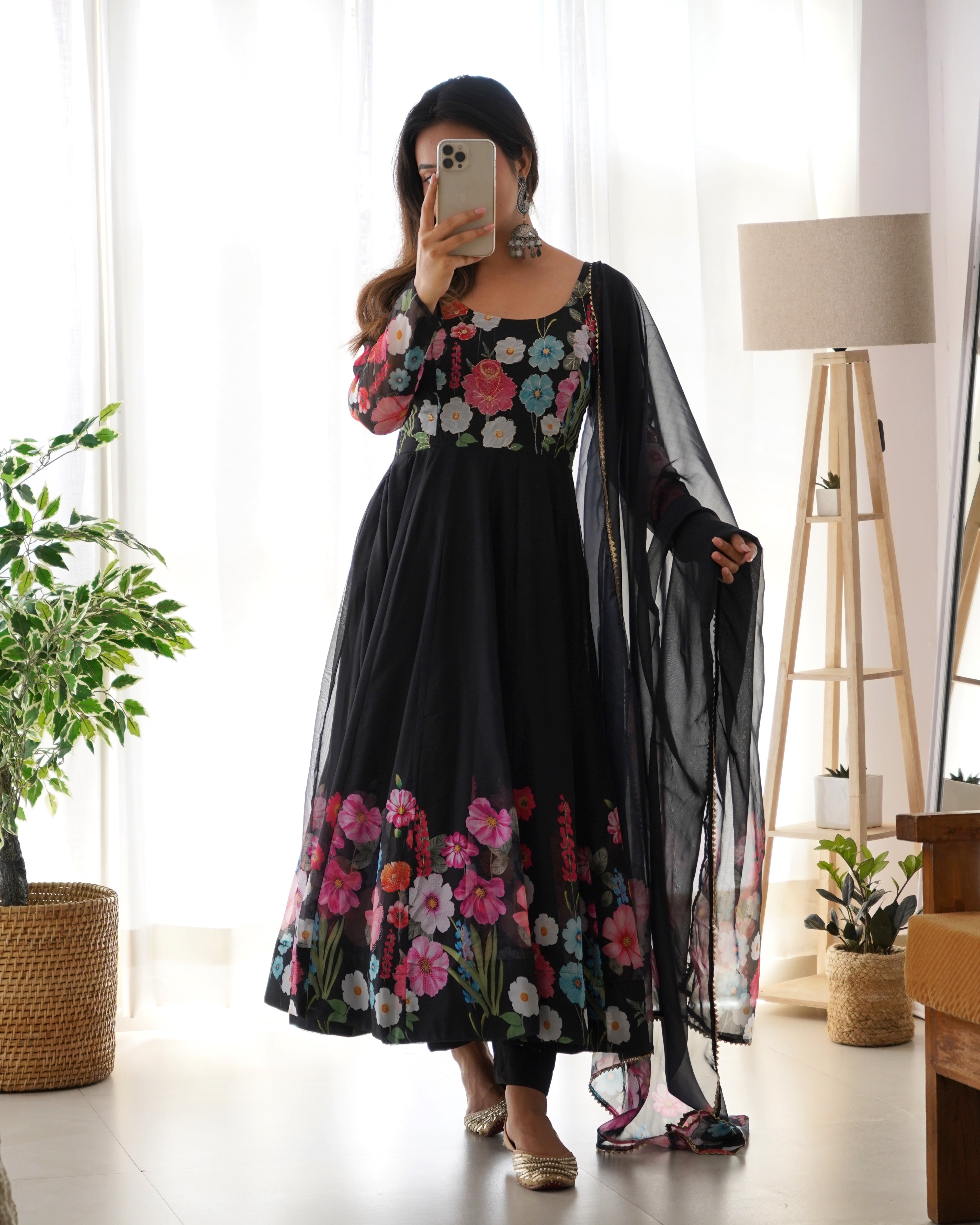Women’s Black Floral Printed Anarkali Kurta Set with Dupatta | Elegant Ethnic Suit Set for Festive, Party & Wedding Wear