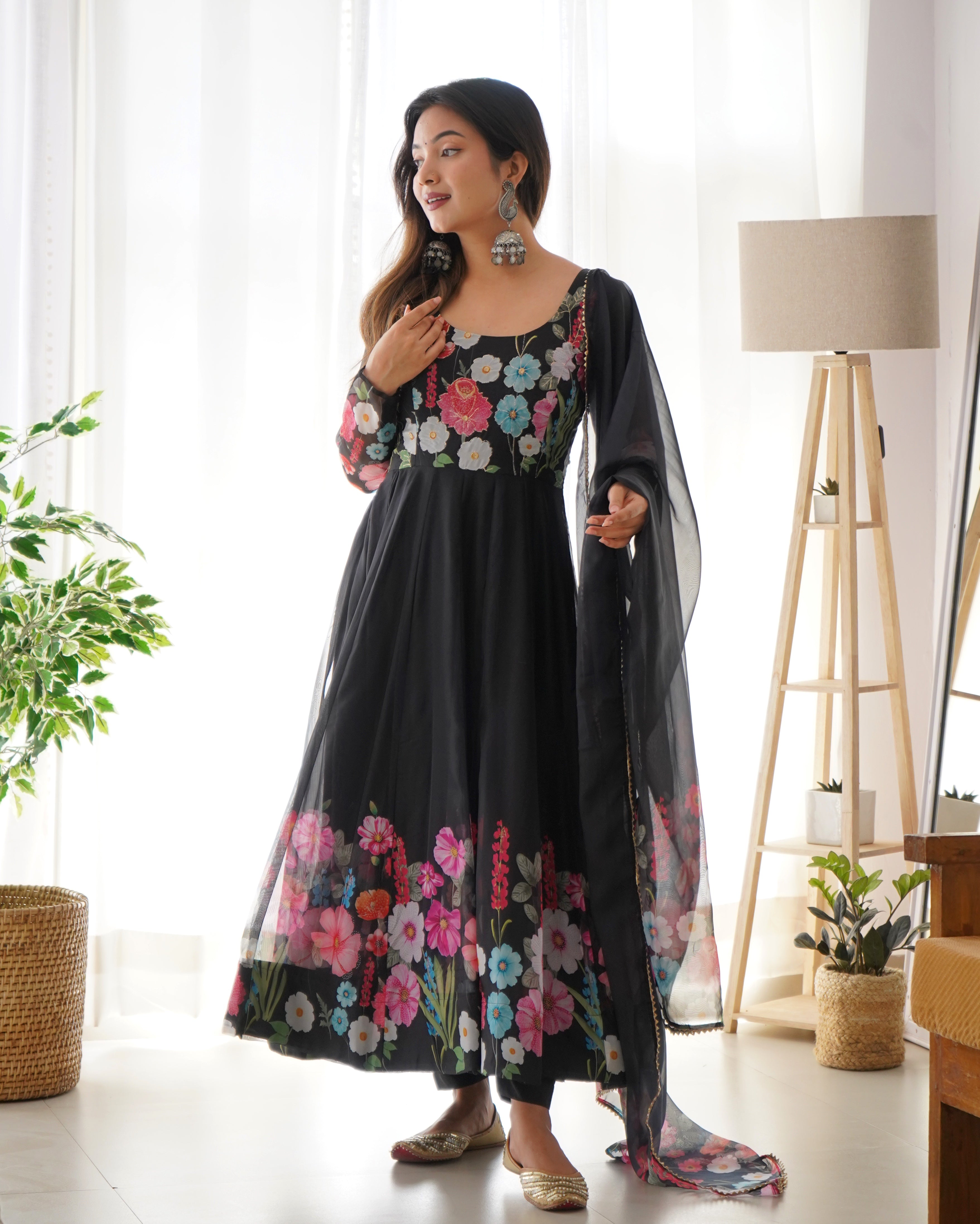 Women’s Black Floral Printed Anarkali Kurta Set with Dupatta | Elegant Ethnic Suit Set for Festive, Party & Wedding Wear