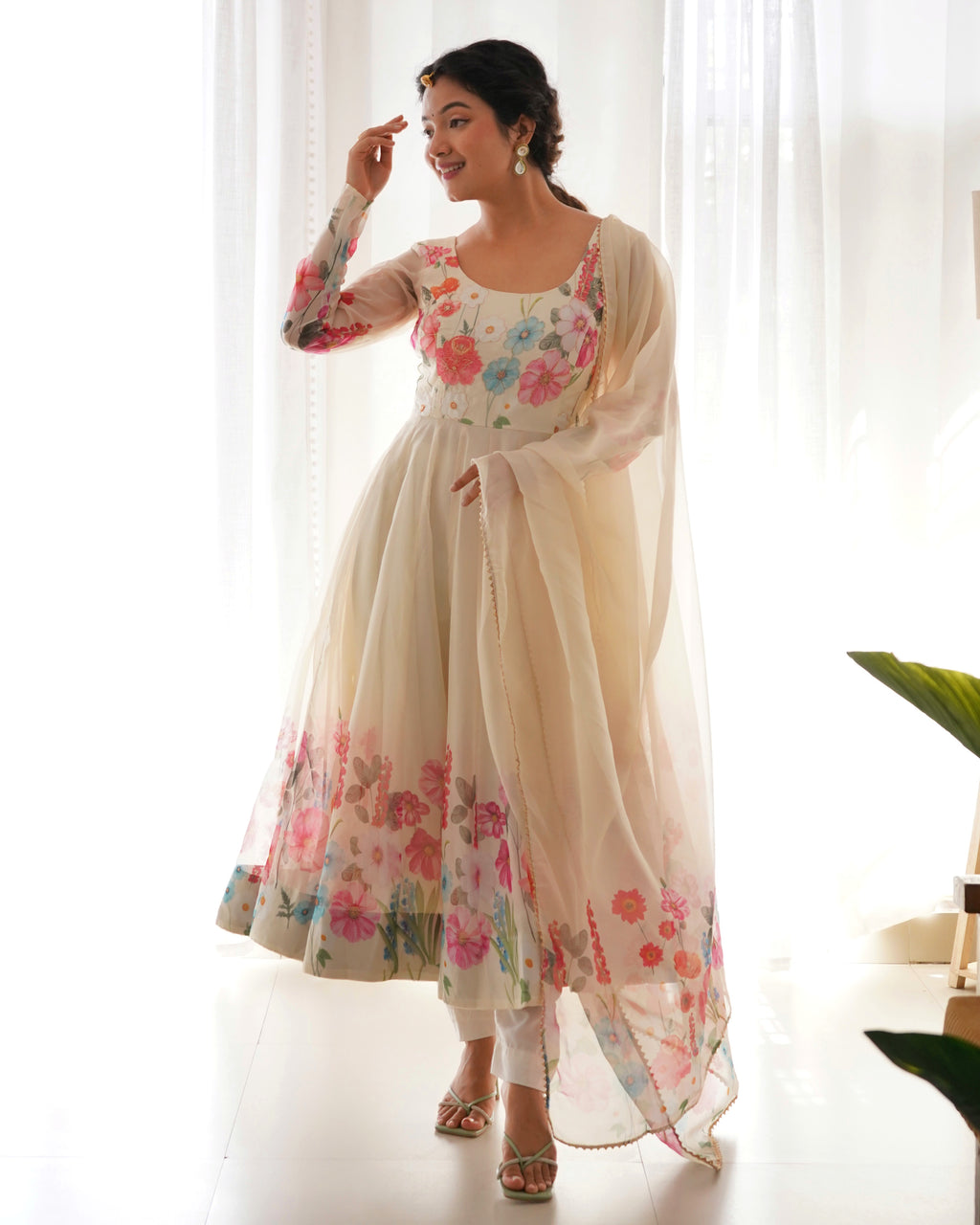 Elegant Floral Anarkali Dress with Sheer Dupatta