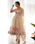 Elegant Floral Anarkali Dress with Sheer Dupatta