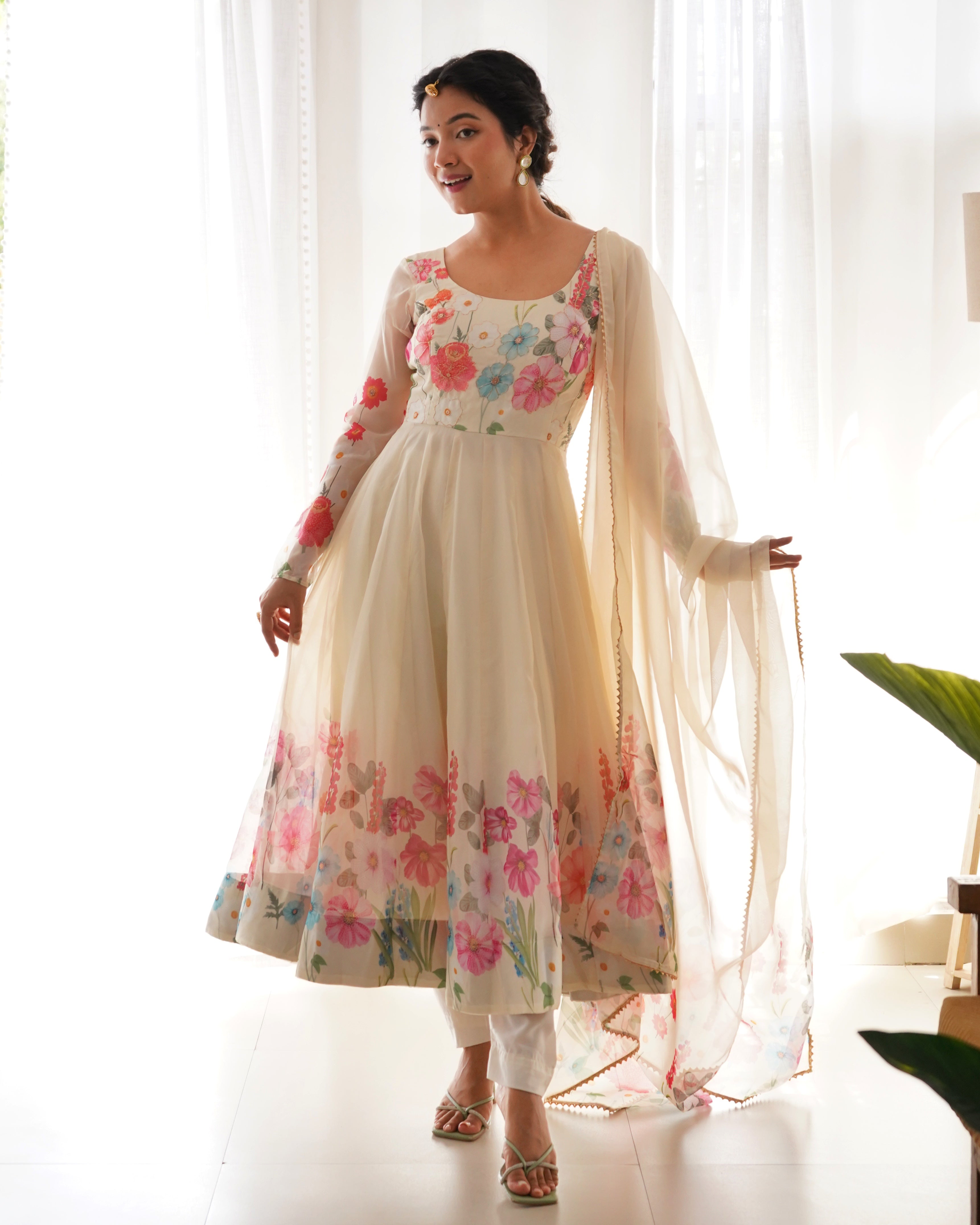Elegant Floral Anarkali Dress with Sheer Dupatta