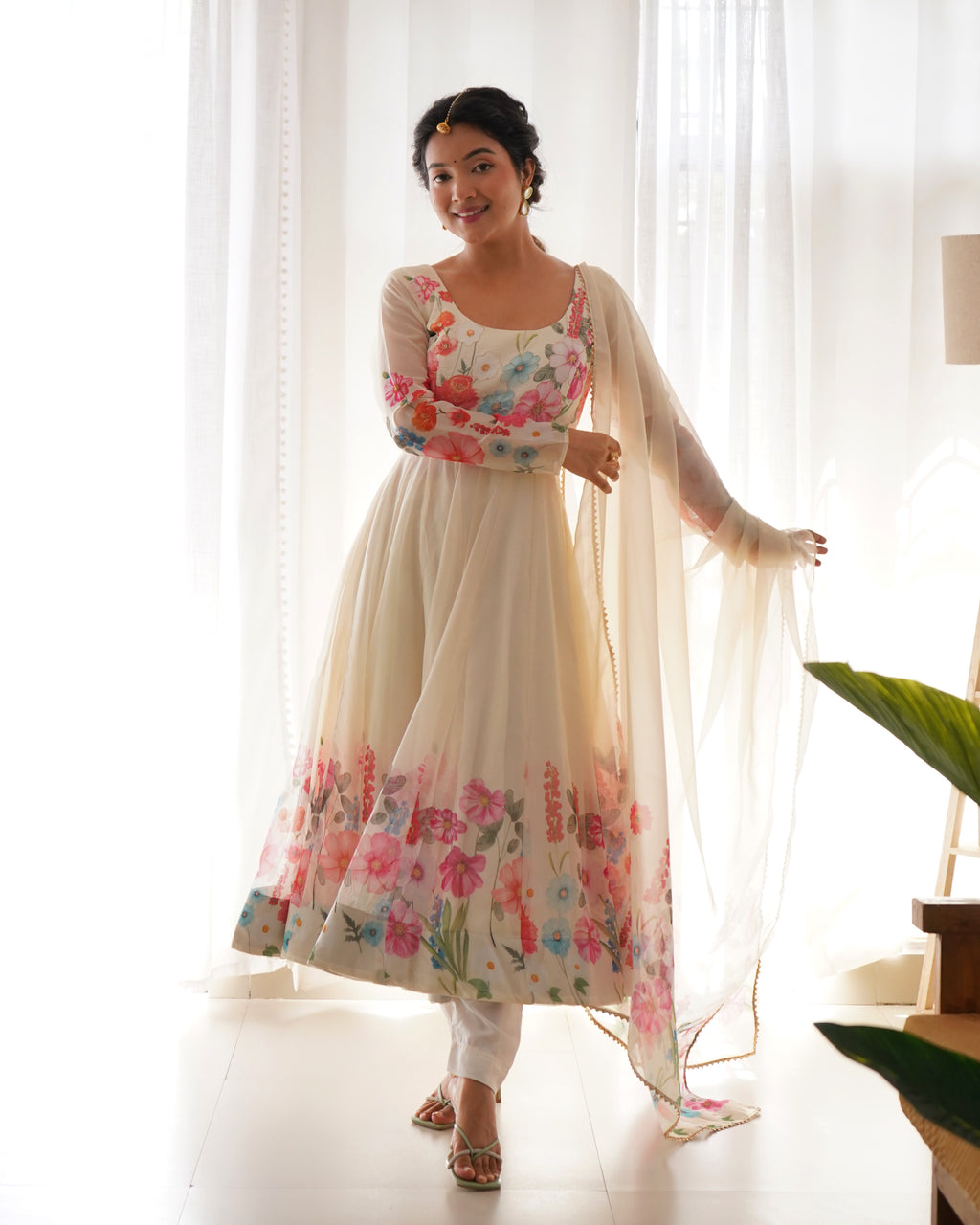 Elegant Floral Anarkali Dress with Sheer Dupatta