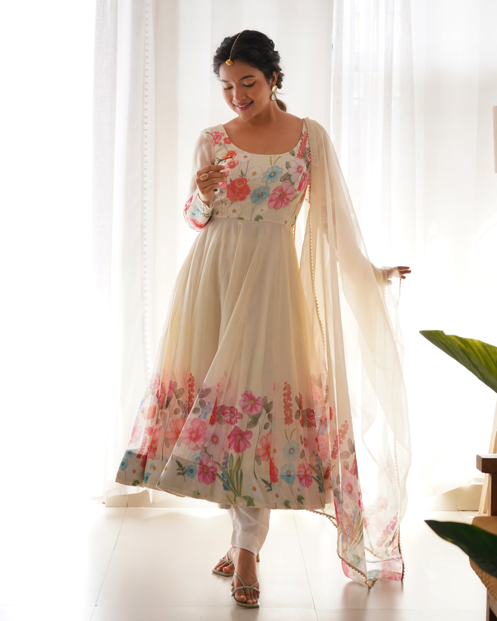 Elegant Floral Anarkali Dress with Sheer Dupatta