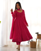 Pure Soft Fox Georgette Anarkali Suit Set With Huge Flair, Dupatta & Pant