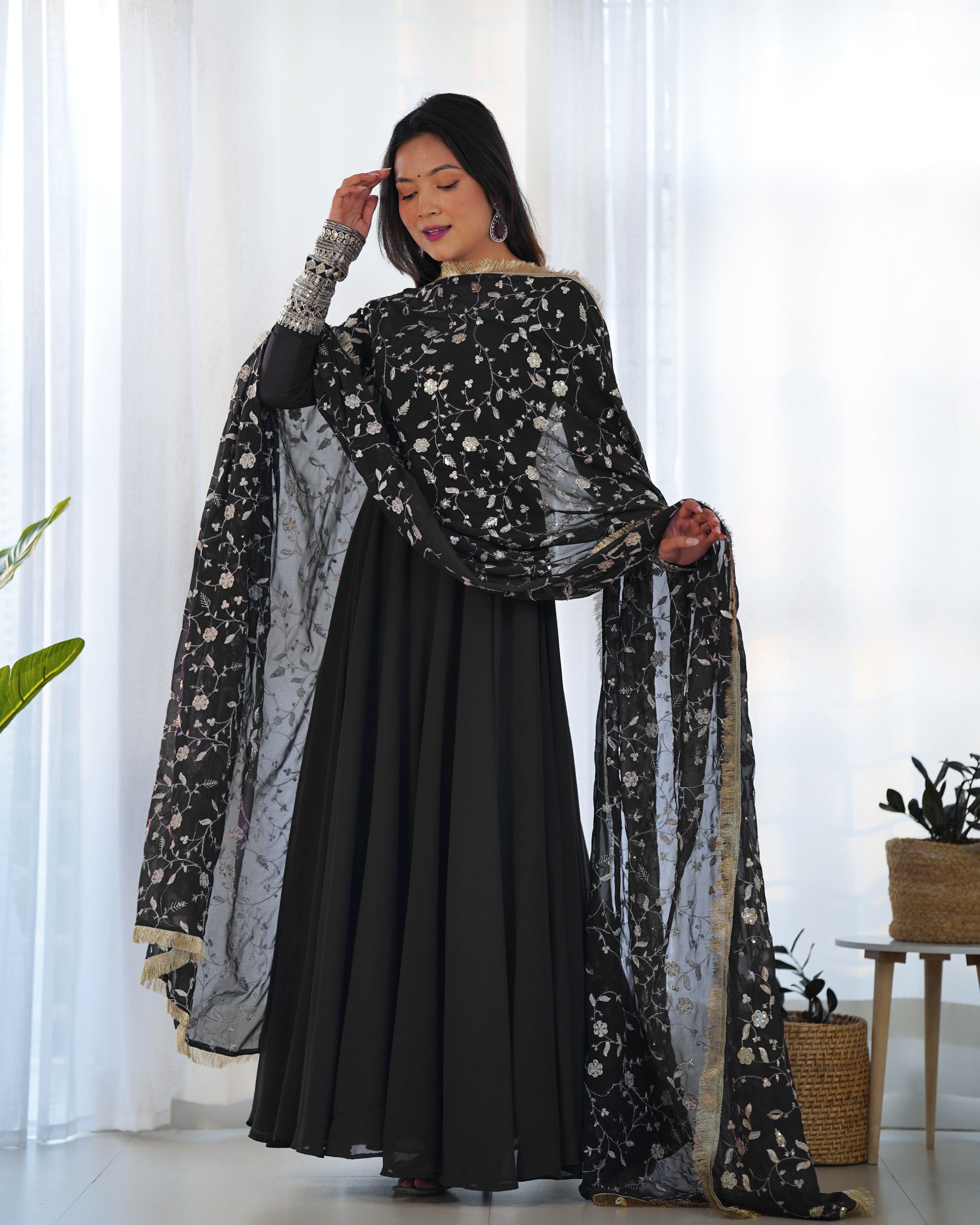 Pure Soft Fox Georgette Full Flair Gown Set With Dupatta & Pant