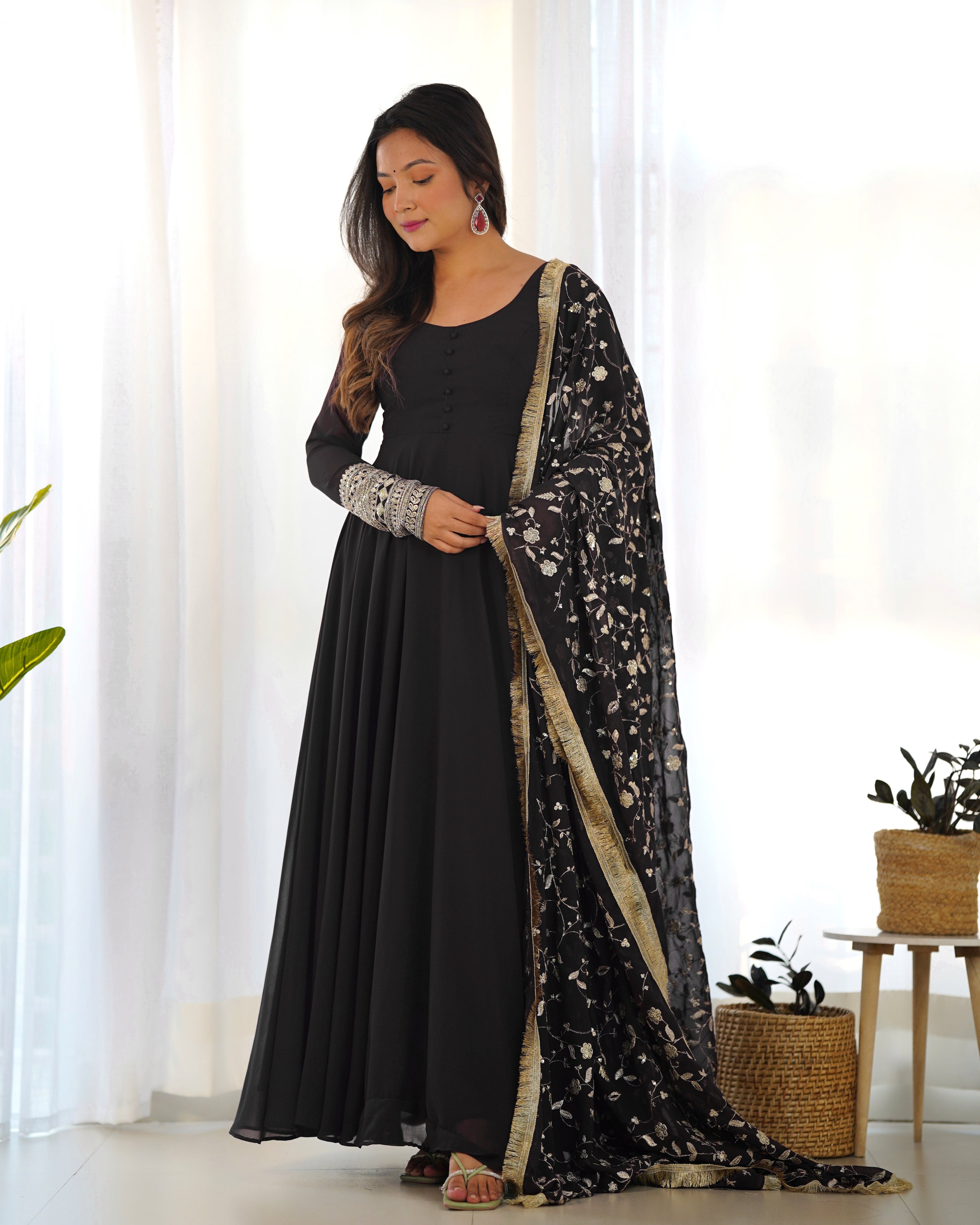 Pure Soft Fox Georgette Full Flair Gown Set With Dupatta & Pant