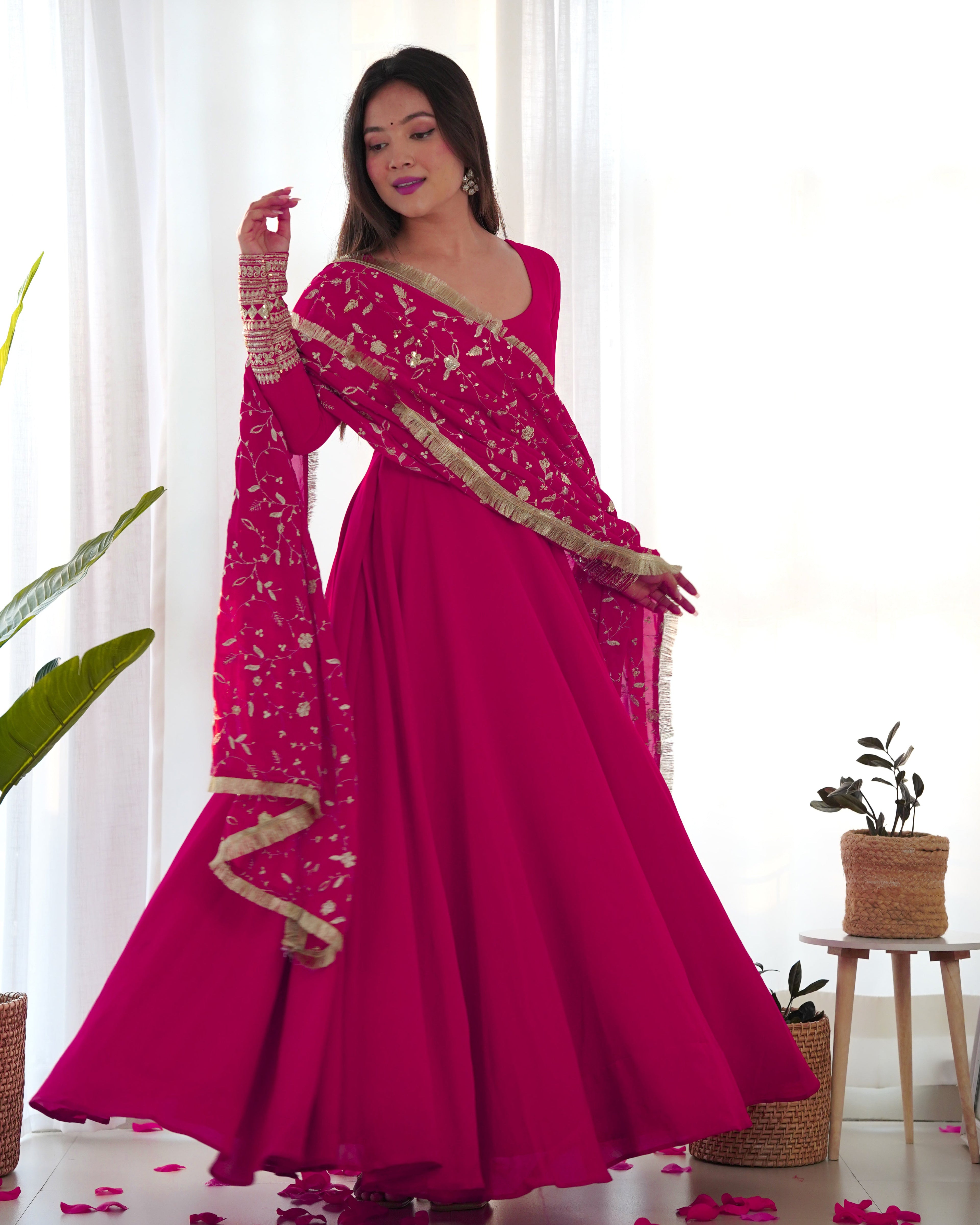 Pure Soft Fox Georgette Full Flair Gown Set With Dupatta & Pant