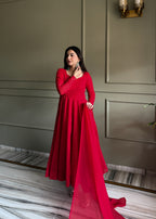 ANVERI TEXTIELS  Women’s Red Embroidered Anarkali Gown | Flared Floor-Length Ethnic Dress with V-Neck & Full Sleeves | Festive, Wedding & Party Wear
