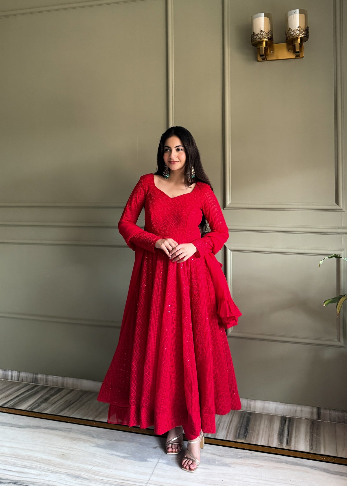 ANVERI TEXTIELS  Women’s Red Embroidered Anarkali Gown | Flared Floor-Length Ethnic Dress with V-Neck & Full Sleeves | Festive, Wedding & Party Wear