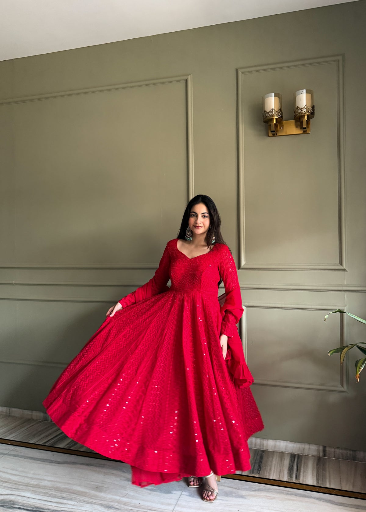 ANVERI TEXTIELS  Women’s Red Embroidered Anarkali Gown | Flared Floor-Length Ethnic Dress with V-Neck & Full Sleeves | Festive, Wedding & Party Wear