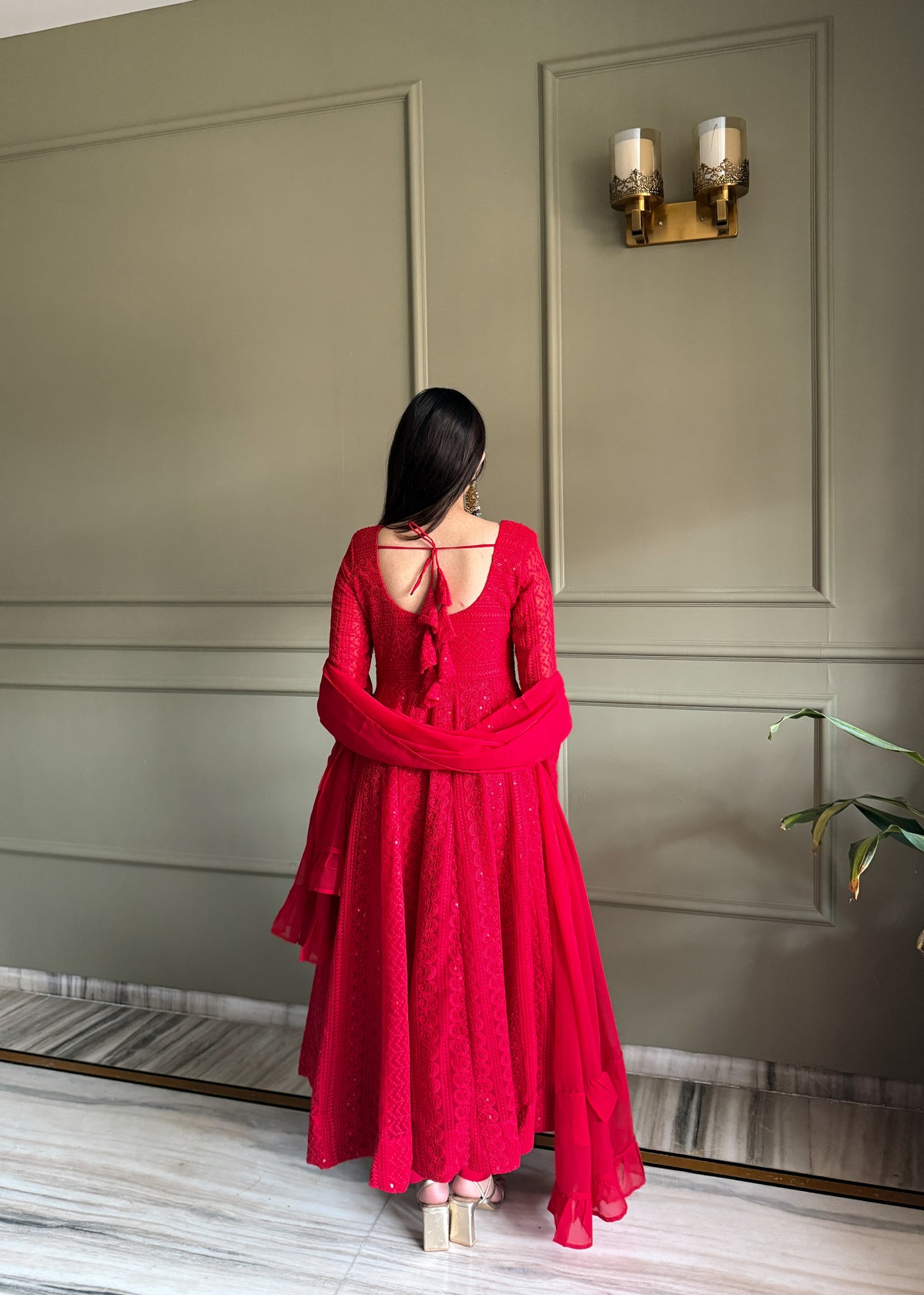 ANVERI TEXTIELS  Women’s Red Embroidered Anarkali Gown | Flared Floor-Length Ethnic Dress with V-Neck & Full Sleeves | Festive, Wedding & Party Wear