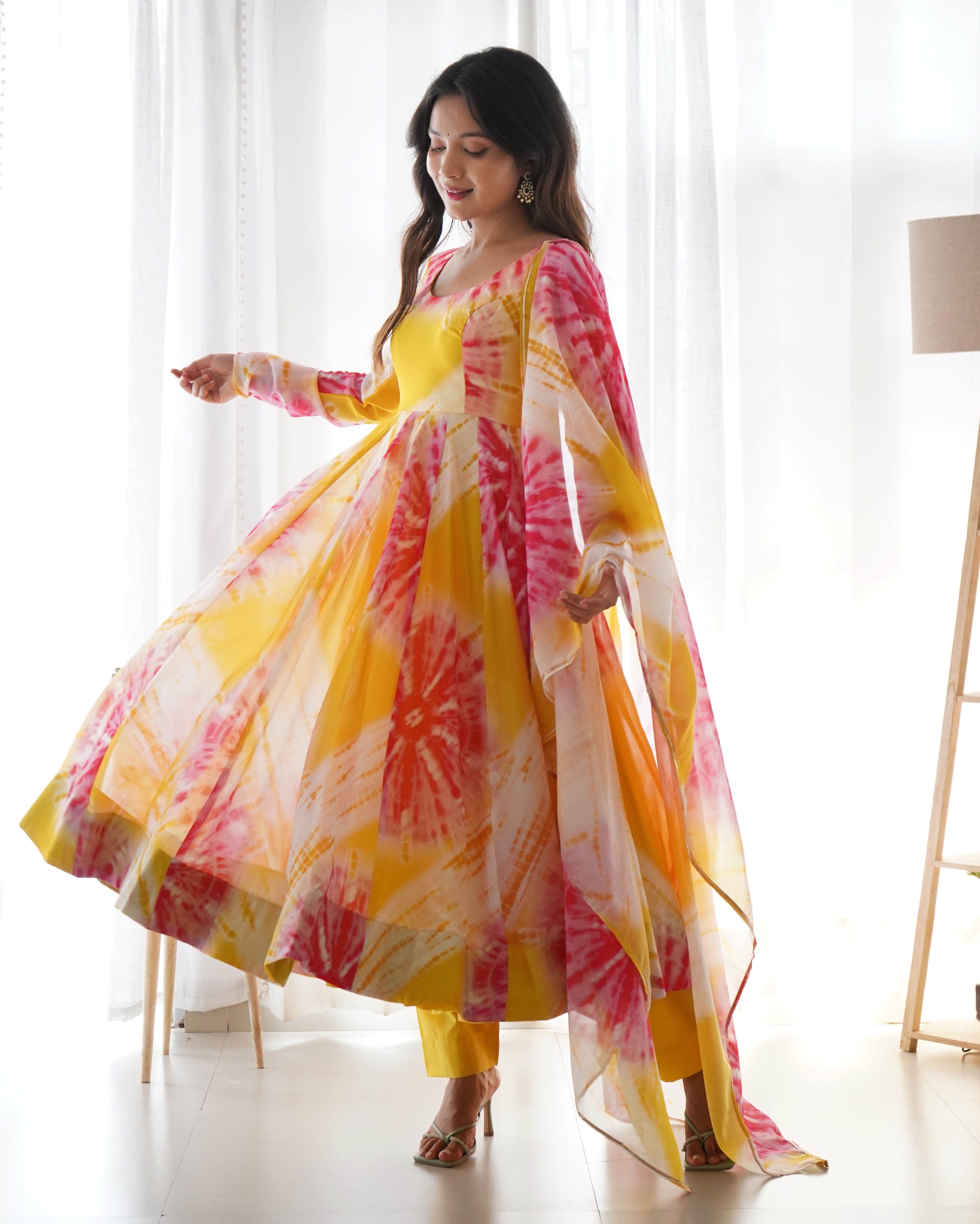 Pure Soft Organza Anarkali Suit Set With Huge Flair, Dupatta & Pant