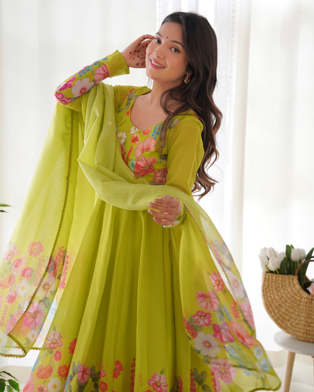 Women’s Lime Green Floral Printed Anarkali Kurta Set with Dupatta | Elegant Ethnic Wear for Festive & Wedding Occasions