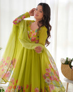 Women’s Lime Green Floral Printed Anarkali Kurta Set with Dupatta | Elegant Ethnic Wear for Festive & Wedding Occasions