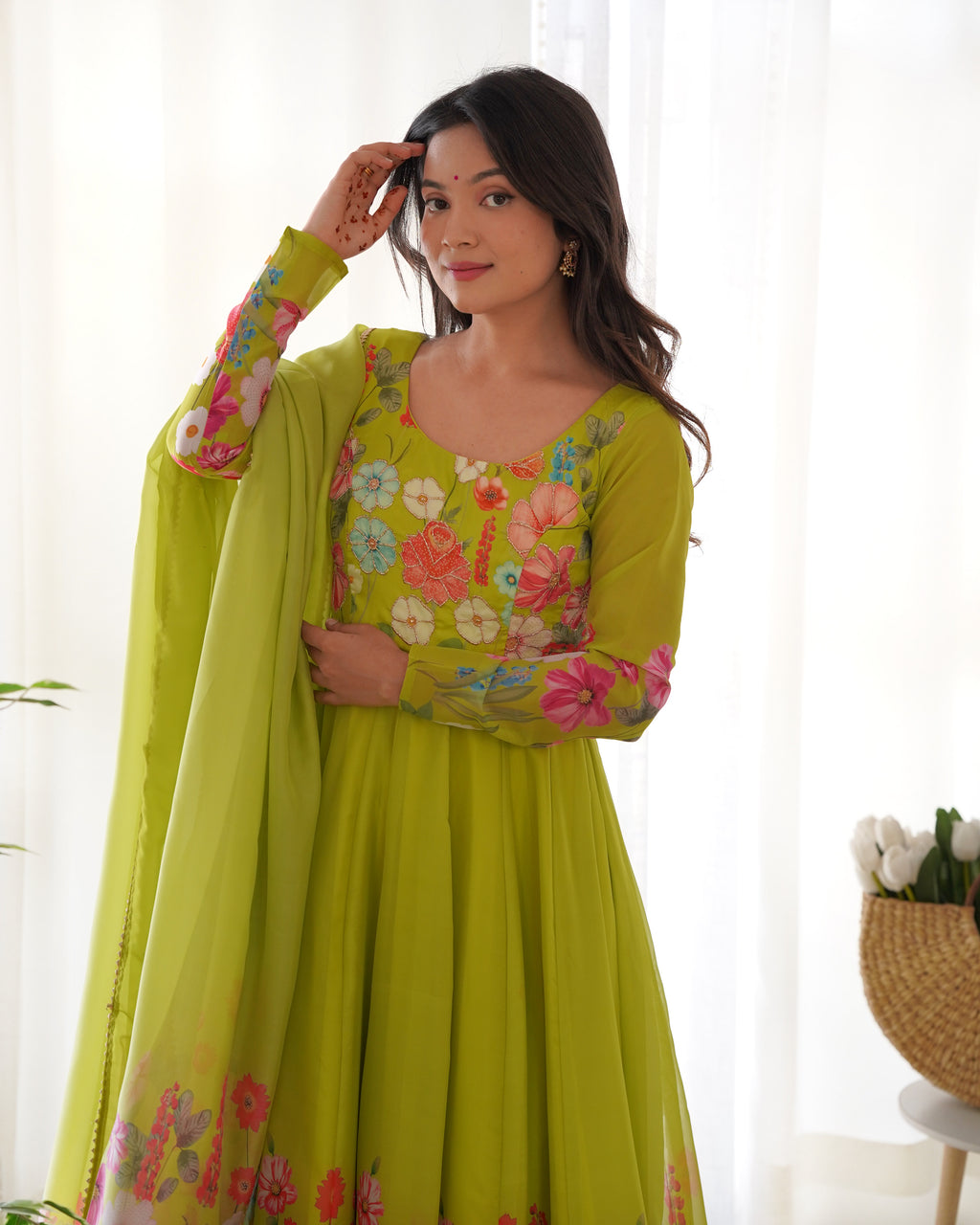 Women’s Lime Green Floral Printed Anarkali Kurta Set with Dupatta | Elegant Ethnic Wear for Festive & Wedding Occasions