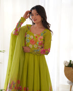 Women’s Lime Green Floral Printed Anarkali Kurta Set with Dupatta | Elegant Ethnic Wear for Festive & Wedding Occasions