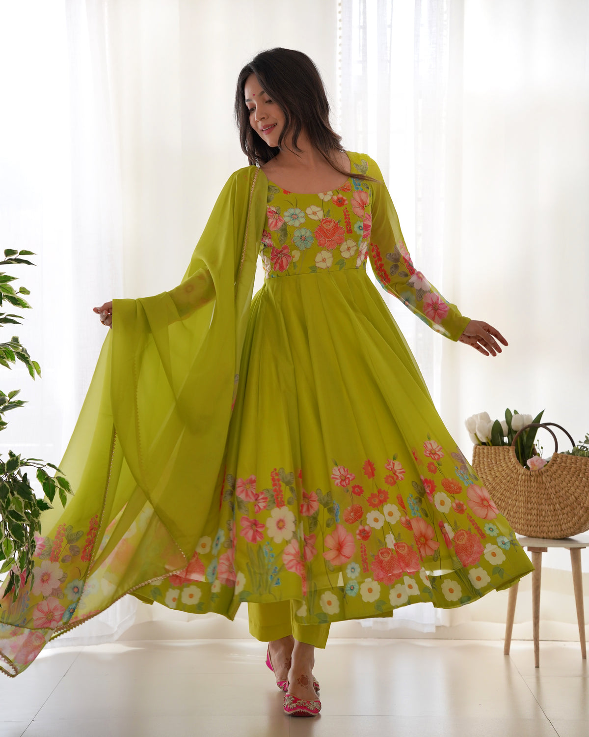 Women’s Lime Green Floral Printed Anarkali Kurta Set with Dupatta | Elegant Ethnic Wear for Festive & Wedding Occasions