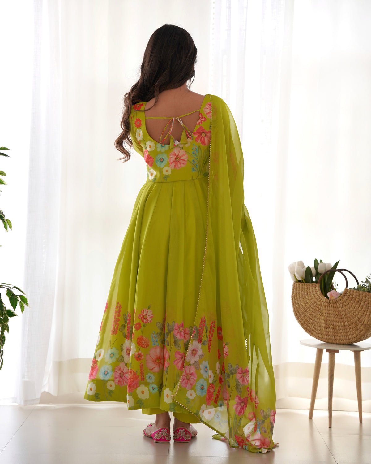 Women’s Lime Green Floral Printed Anarkali Kurta Set with Dupatta | Elegant Ethnic Wear for Festive & Wedding Occasions