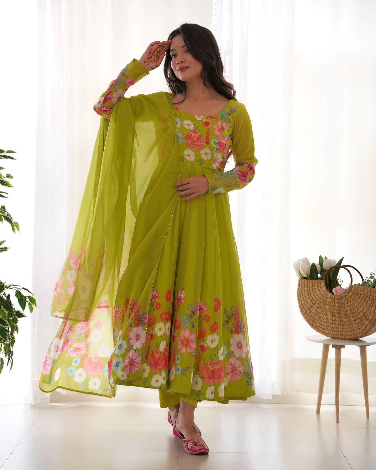 Women’s Lime Green Floral Printed Anarkali Kurta Set with Dupatta | Elegant Ethnic Wear for Festive & Wedding Occasions
