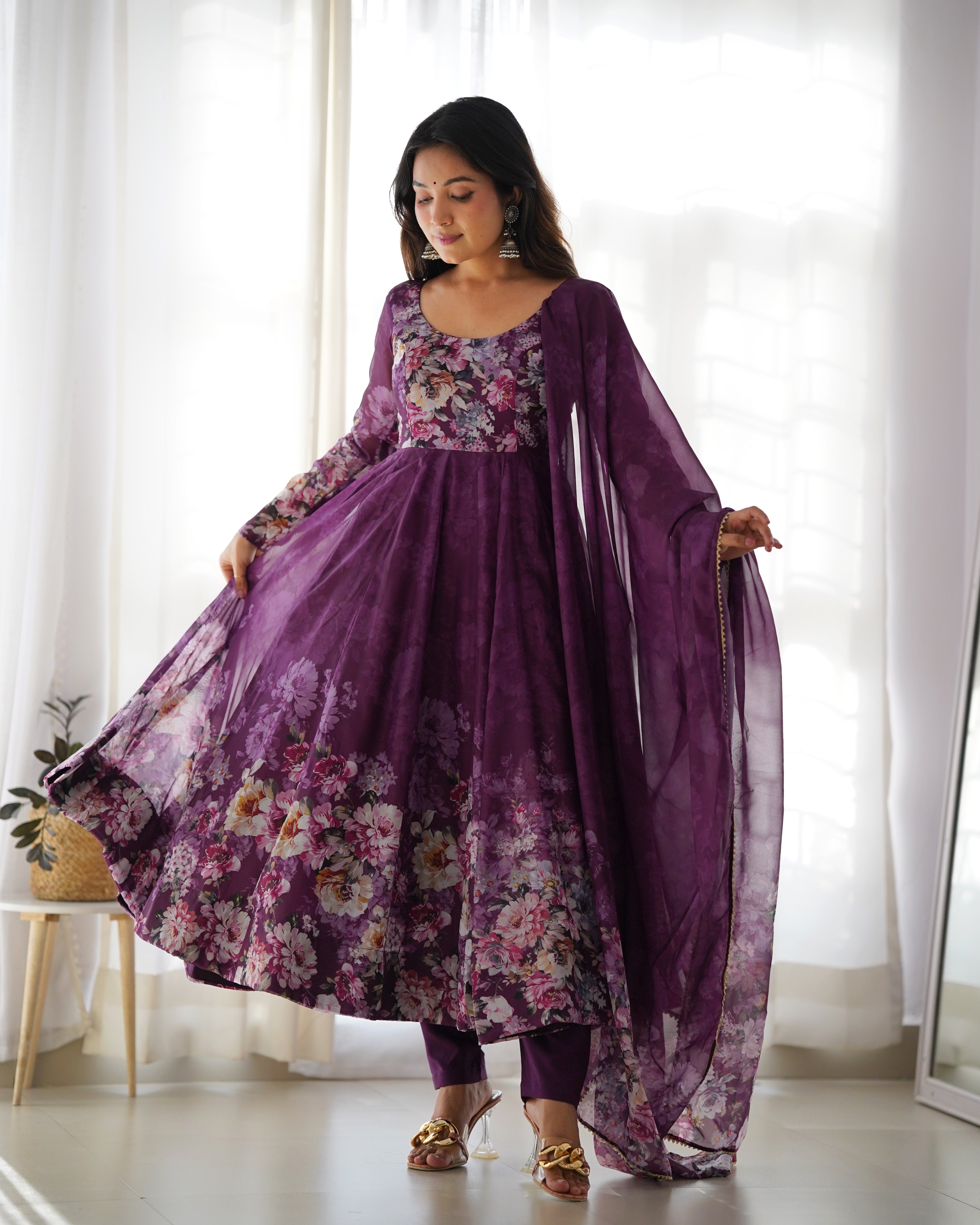 Pure Soft Organza Anarkali Suit Set With Huge Flair, Dupatta & Pant