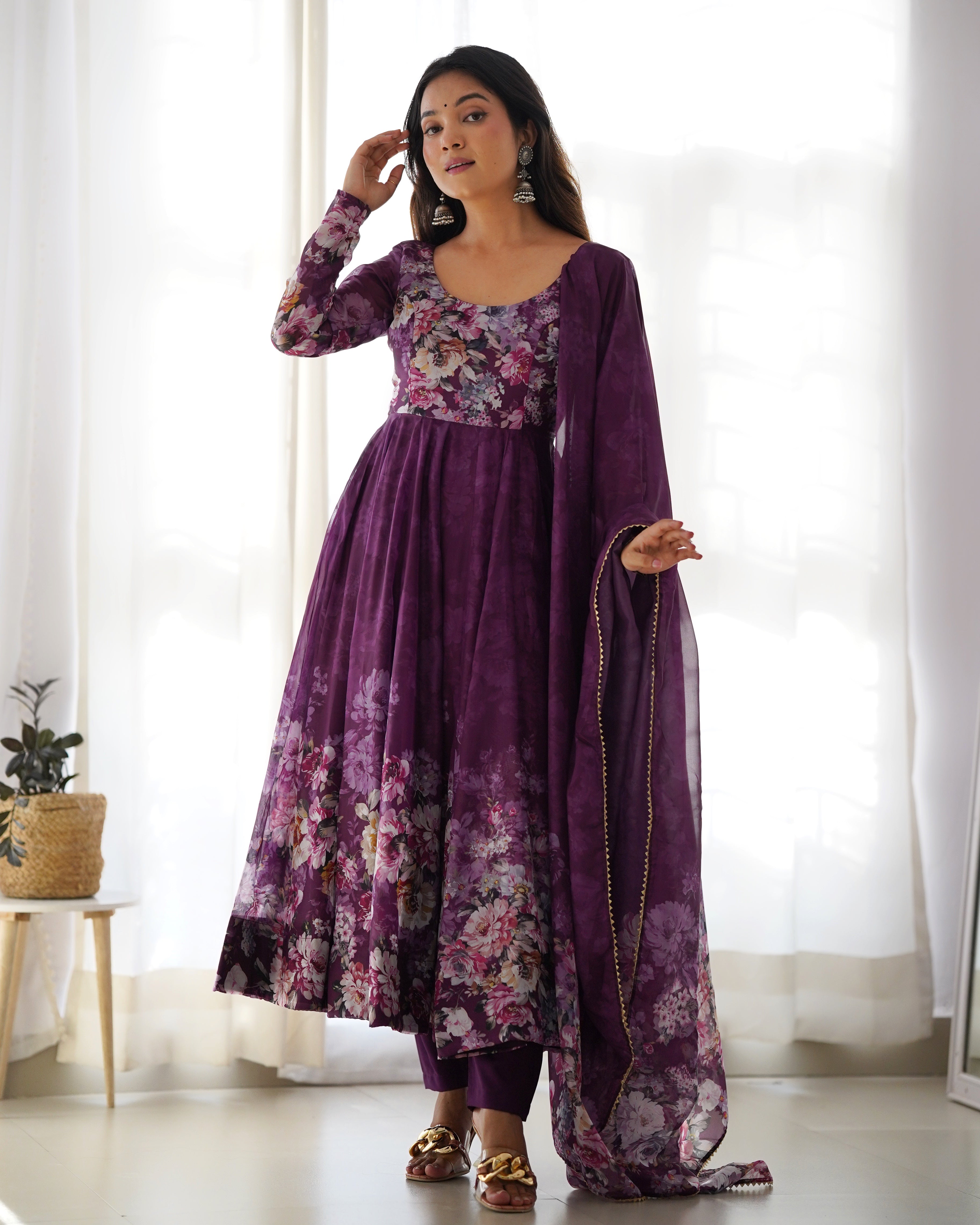 Pure Soft Organza Anarkali Suit Set With Huge Flair, Dupatta & Pant