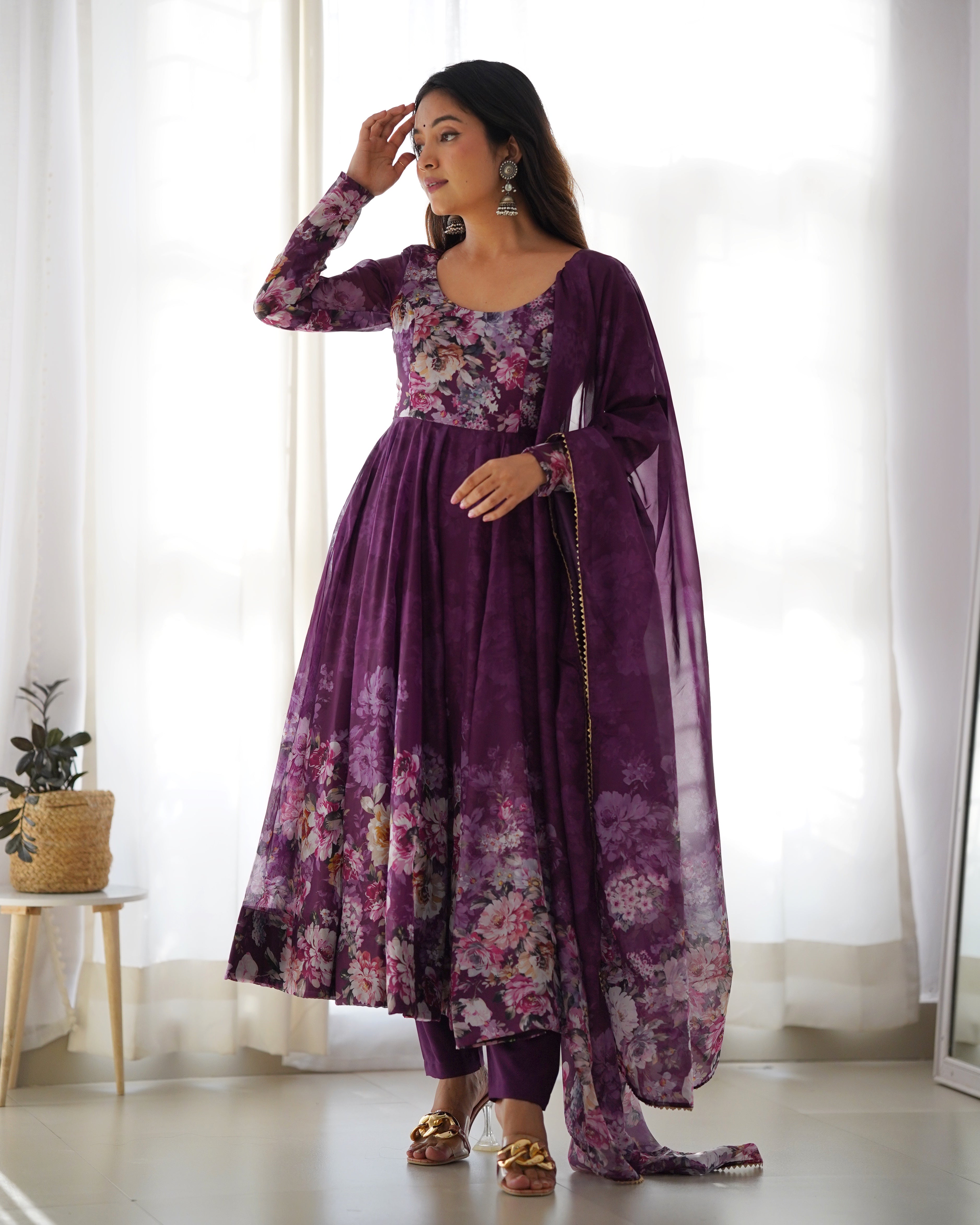 Pure Soft Organza Anarkali Suit Set With Huge Flair, Dupatta & Pant