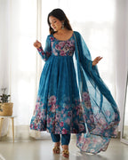 Pure Soft Organza Anarkali Suit Set With Huge Flair, Dupatta & Pant