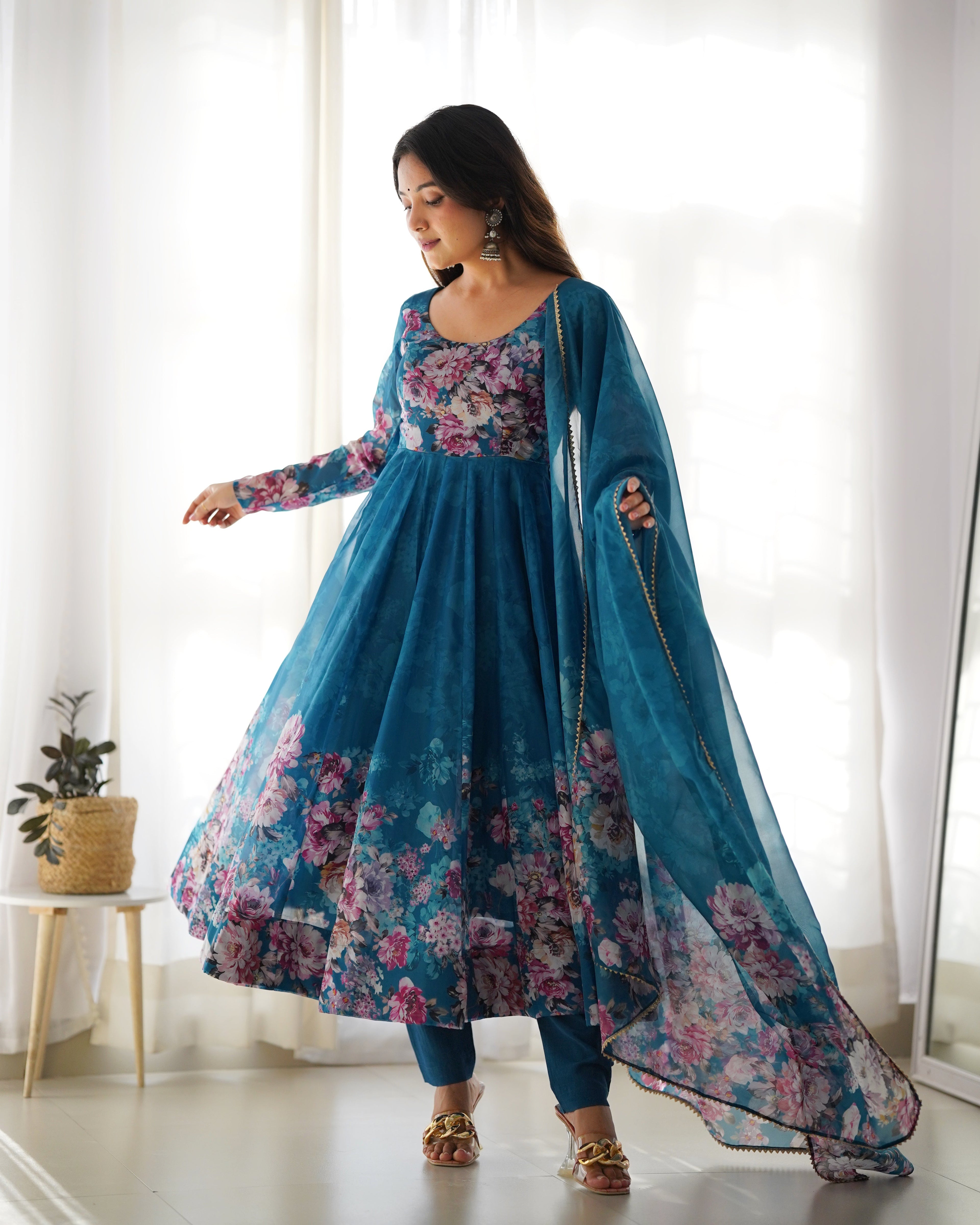 Pure Soft Organza Anarkali Suit Set With Huge Flair, Dupatta & Pant