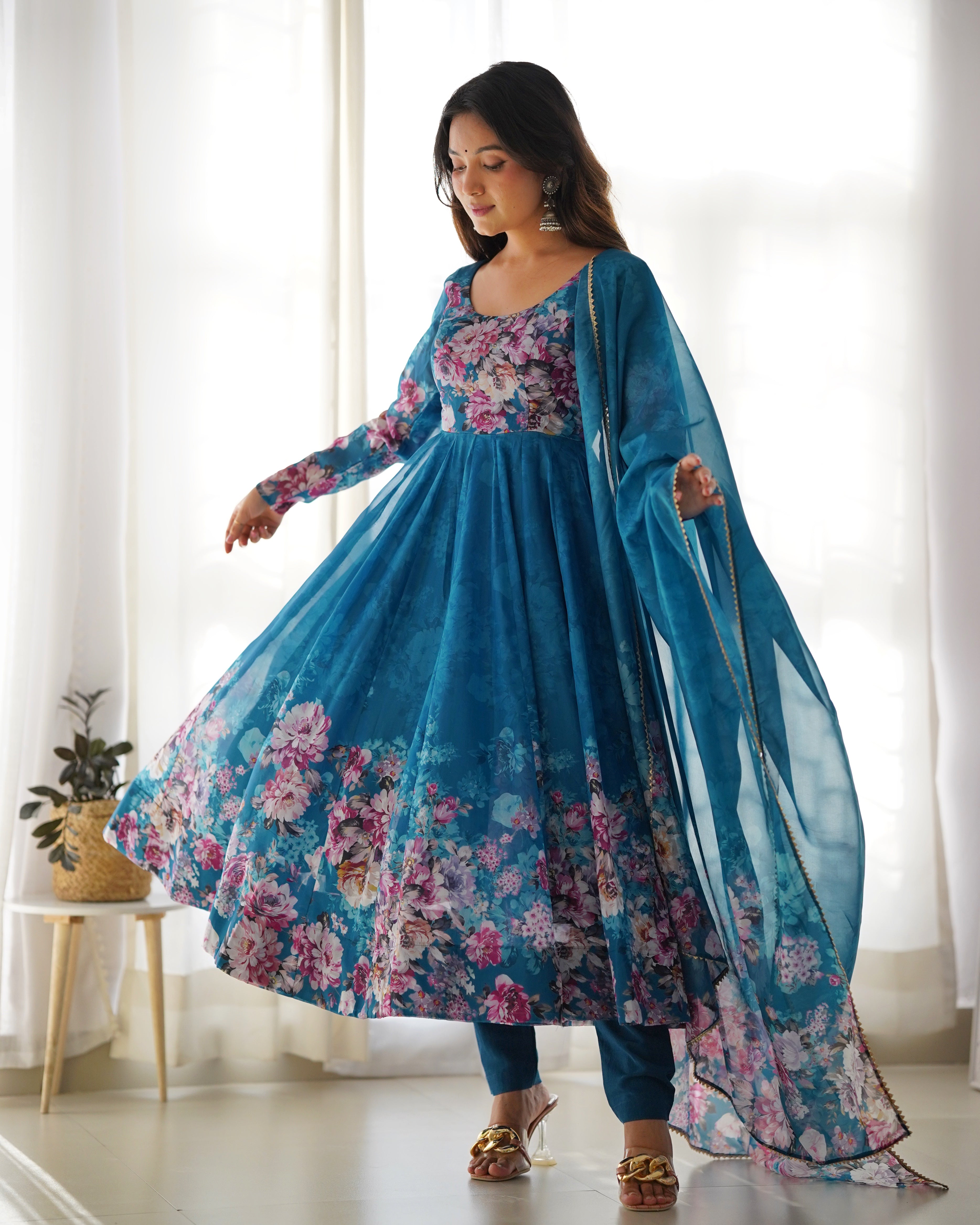 Pure Soft Organza Anarkali Suit Set With Huge Flair, Dupatta & Pant