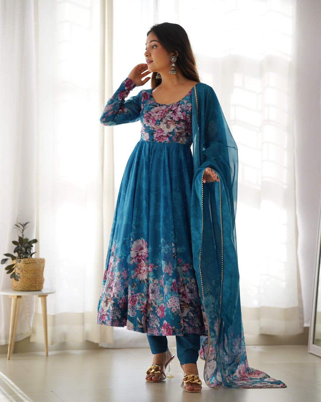 Pure Soft Organza Anarkali Suit Set With Huge Flair, Dupatta & Pant