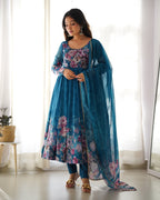 Pure Soft Organza Anarkali Suit Set With Huge Flair, Dupatta & Pant