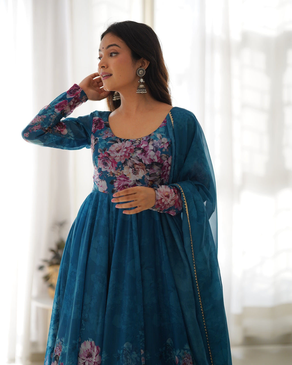 Pure Soft Organza Anarkali Suit Set With Huge Flair, Dupatta & Pant