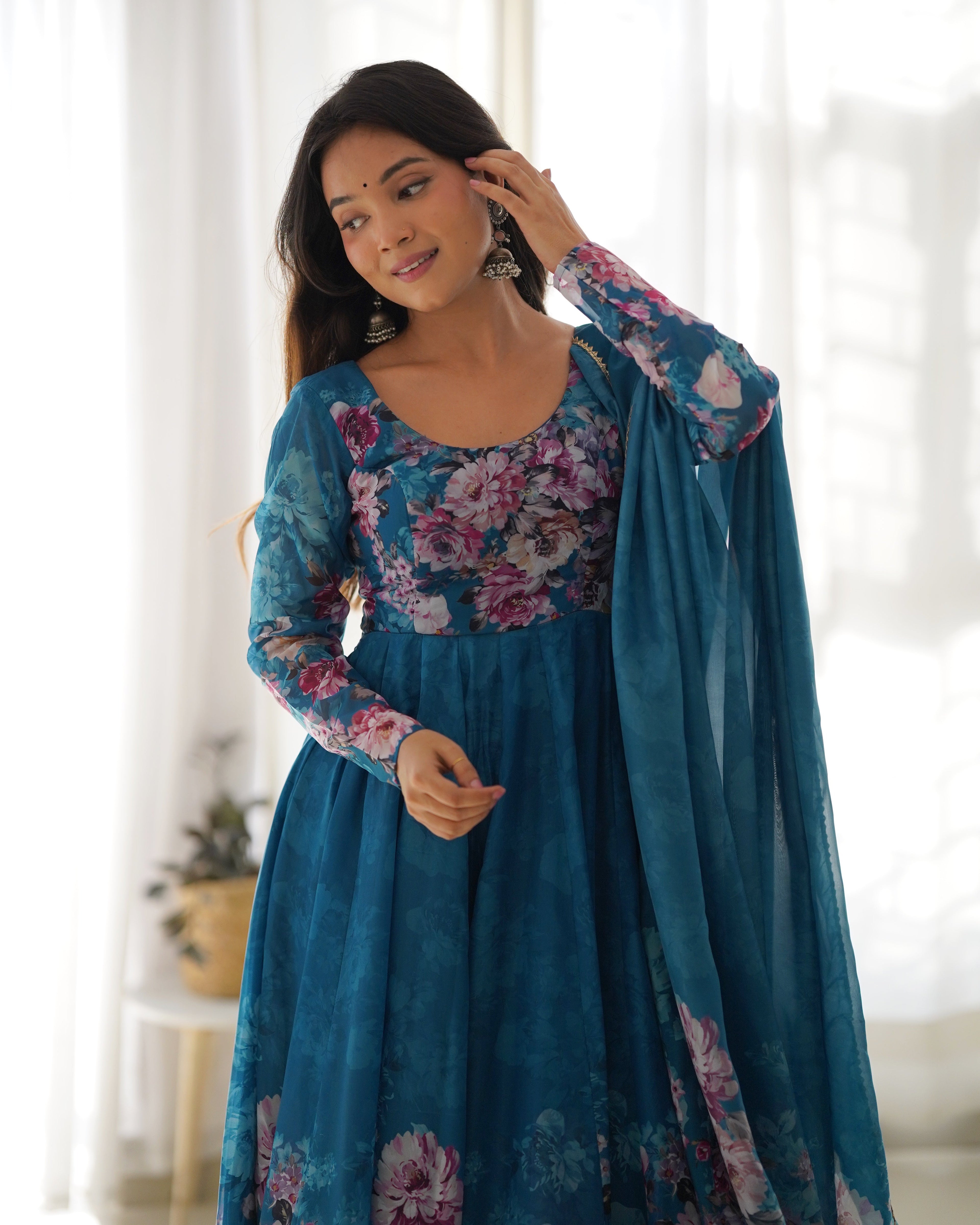 Pure Soft Organza Anarkali Suit Set With Huge Flair, Dupatta & Pant
