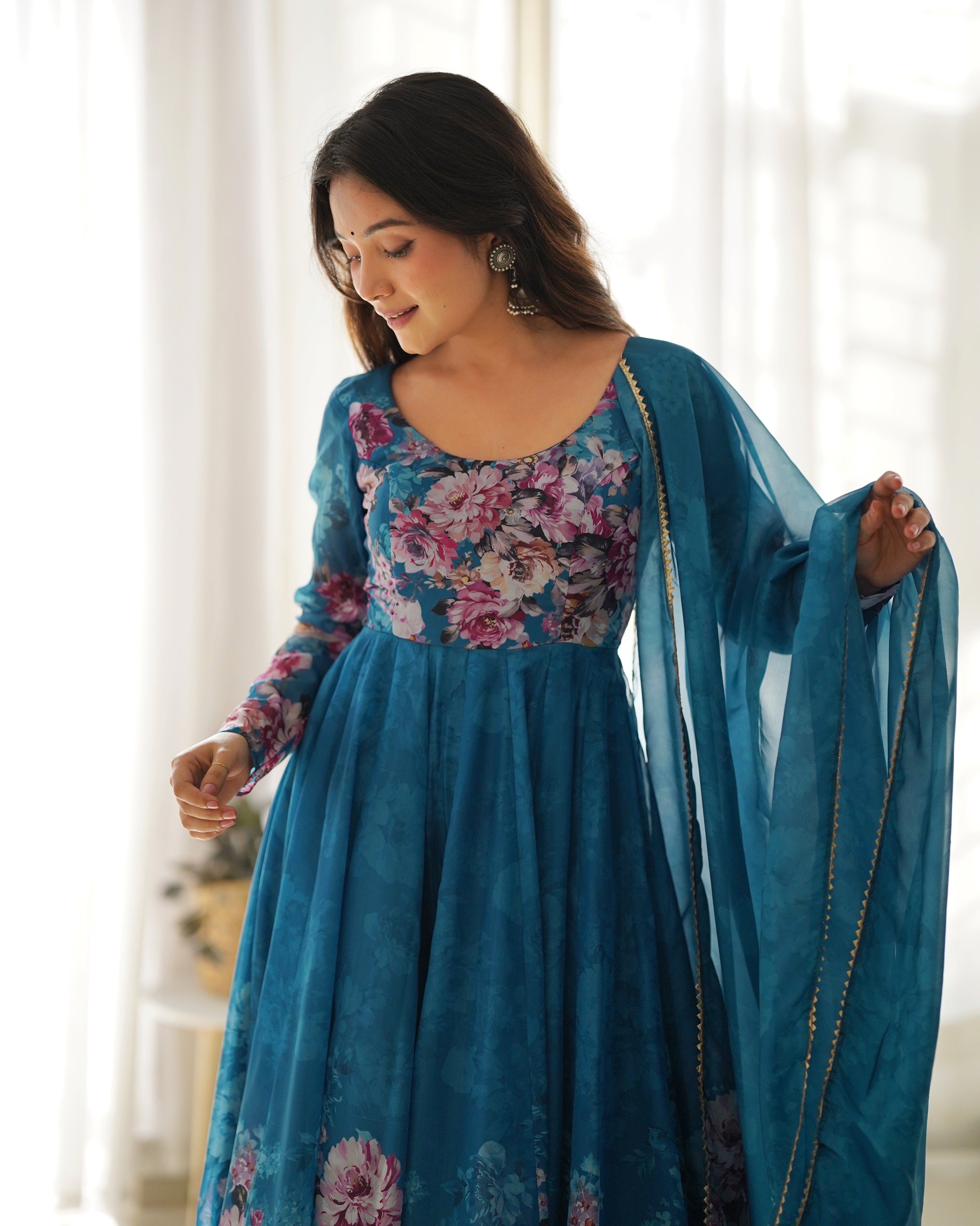 Pure Soft Organza Anarkali Suit Set With Huge Flair, Dupatta & Pant
