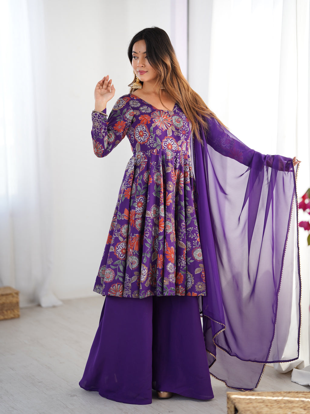 ANVERI TEXTILES Women’s Yellow Floral Printed Anarkali Kurta Palazzo Dupatta Set | Flared Ethnic Suit Set for Diwali, Wedding, Festive & Party Wear