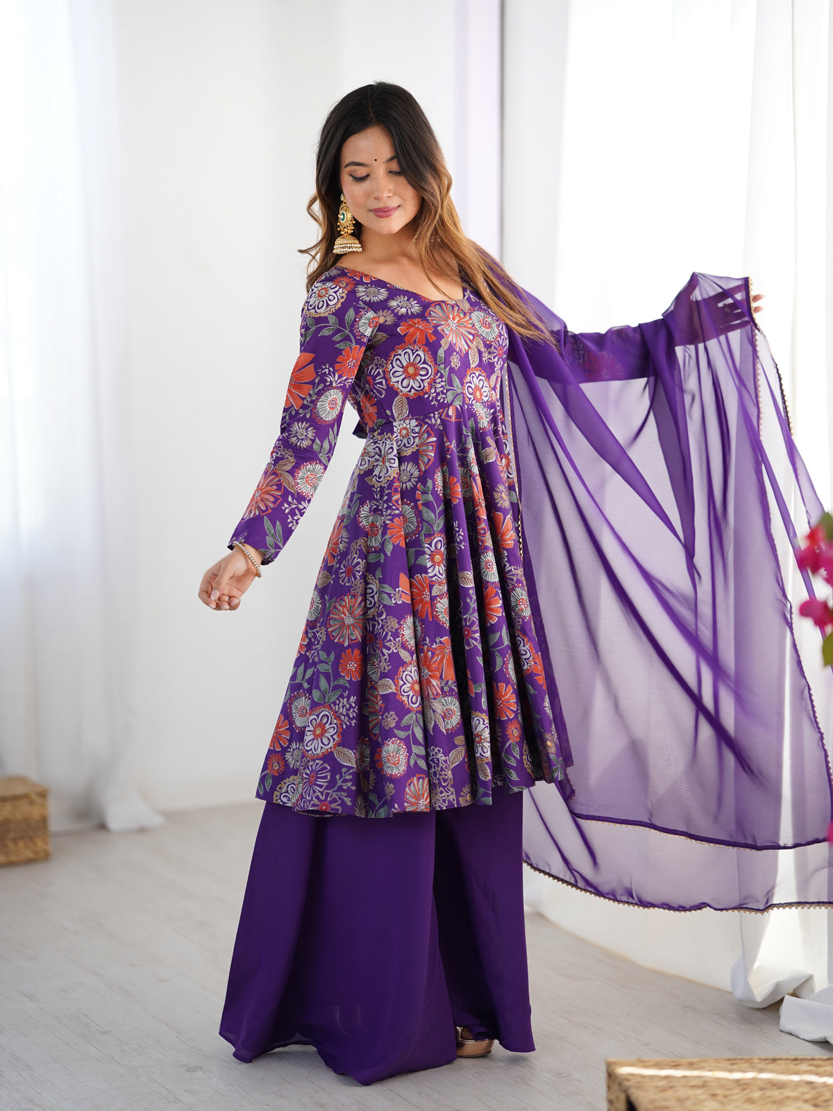 ANVERI TEXTILES Women’s Yellow Floral Printed Anarkali Kurta Palazzo Dupatta Set | Flared Ethnic Suit Set for Diwali, Wedding, Festive & Party Wear